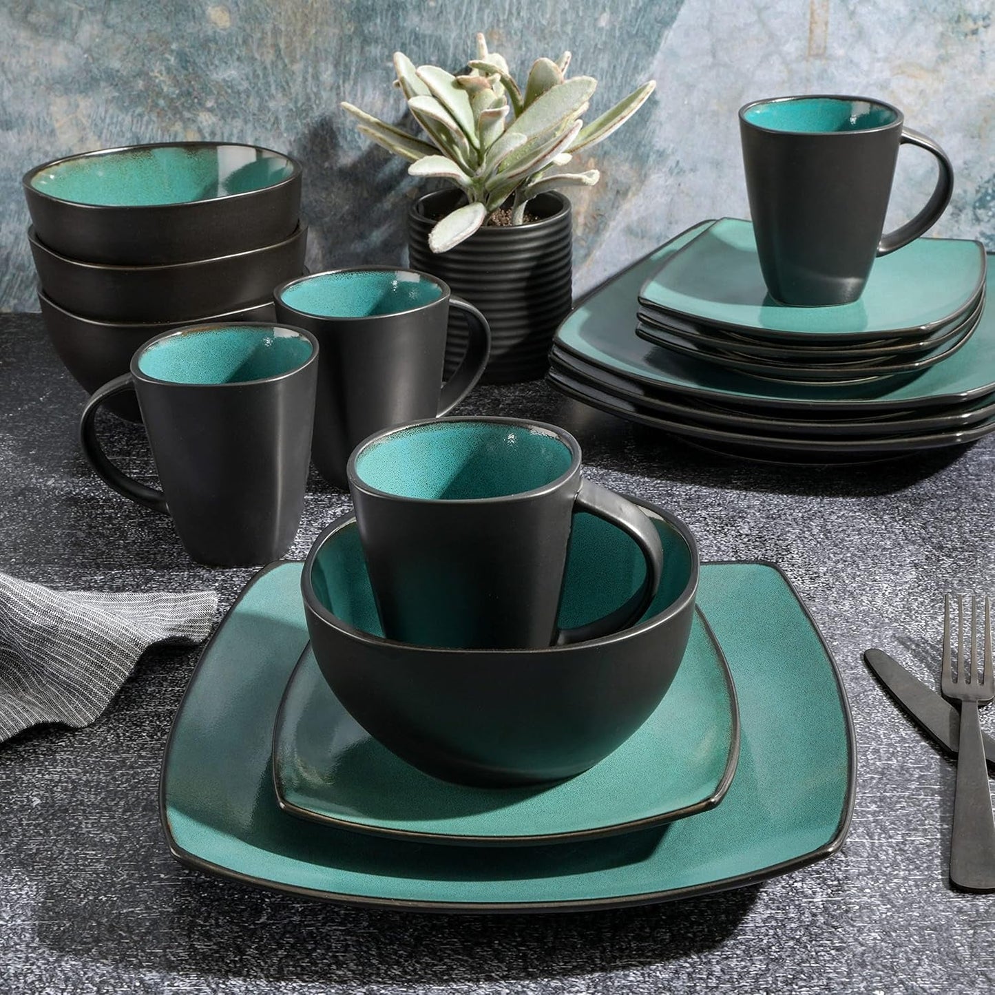 Gibson 99813.16R Elite Soho Lounge Reactive Glaze Vajilla para 4 personas, 16 piezas, efecto bicolor azul-verde/negro
