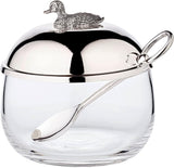 EDZARD Tarro de mermelada de pato (Ø 10 cm) de plata y cristal - Caja y cuchara - Cuenco, azucarero, queso - Tarro de mermelada con tapa, almacenaje con tapa, caja de regalo con cerradura