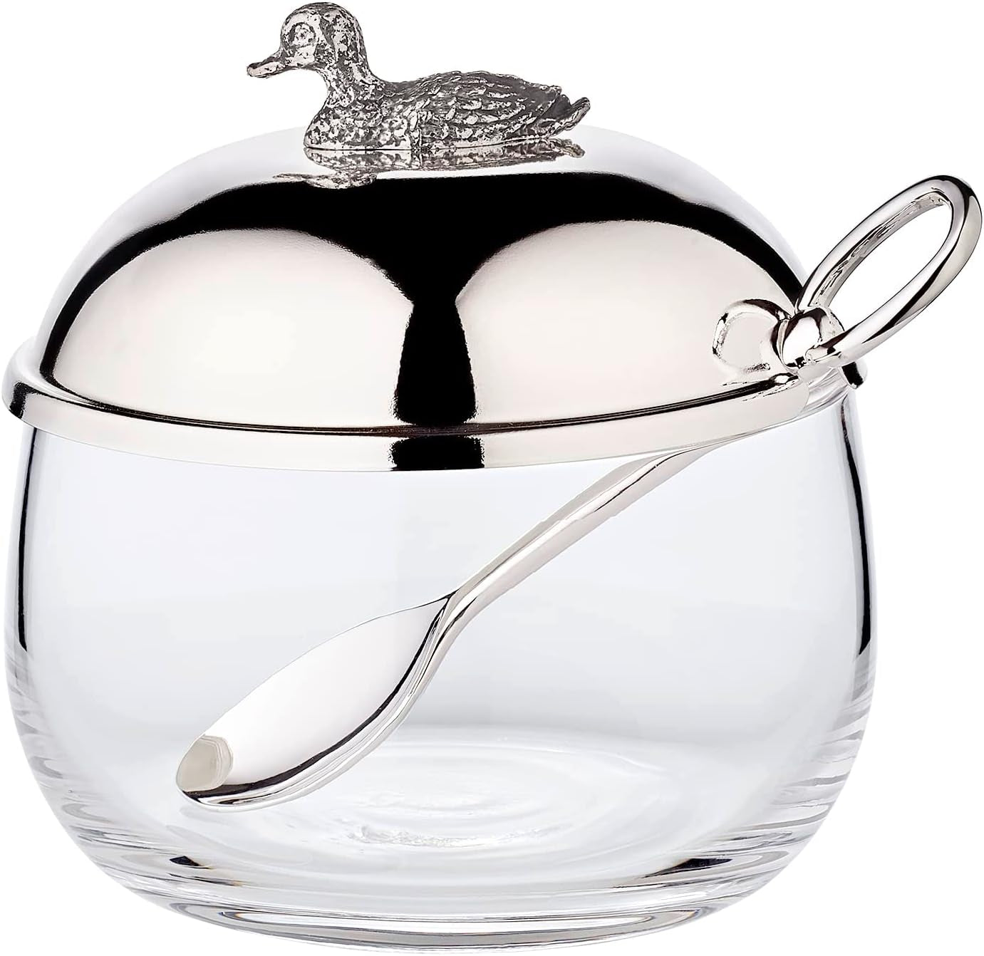 EDZARD Tarro de mermelada de pato (Ø 10 cm) de plata y cristal - Caja y cuchara - Cuenco, azucarero, queso - Tarro de mermelada con tapa, almacenaje con tapa, caja de regalo con cerradura