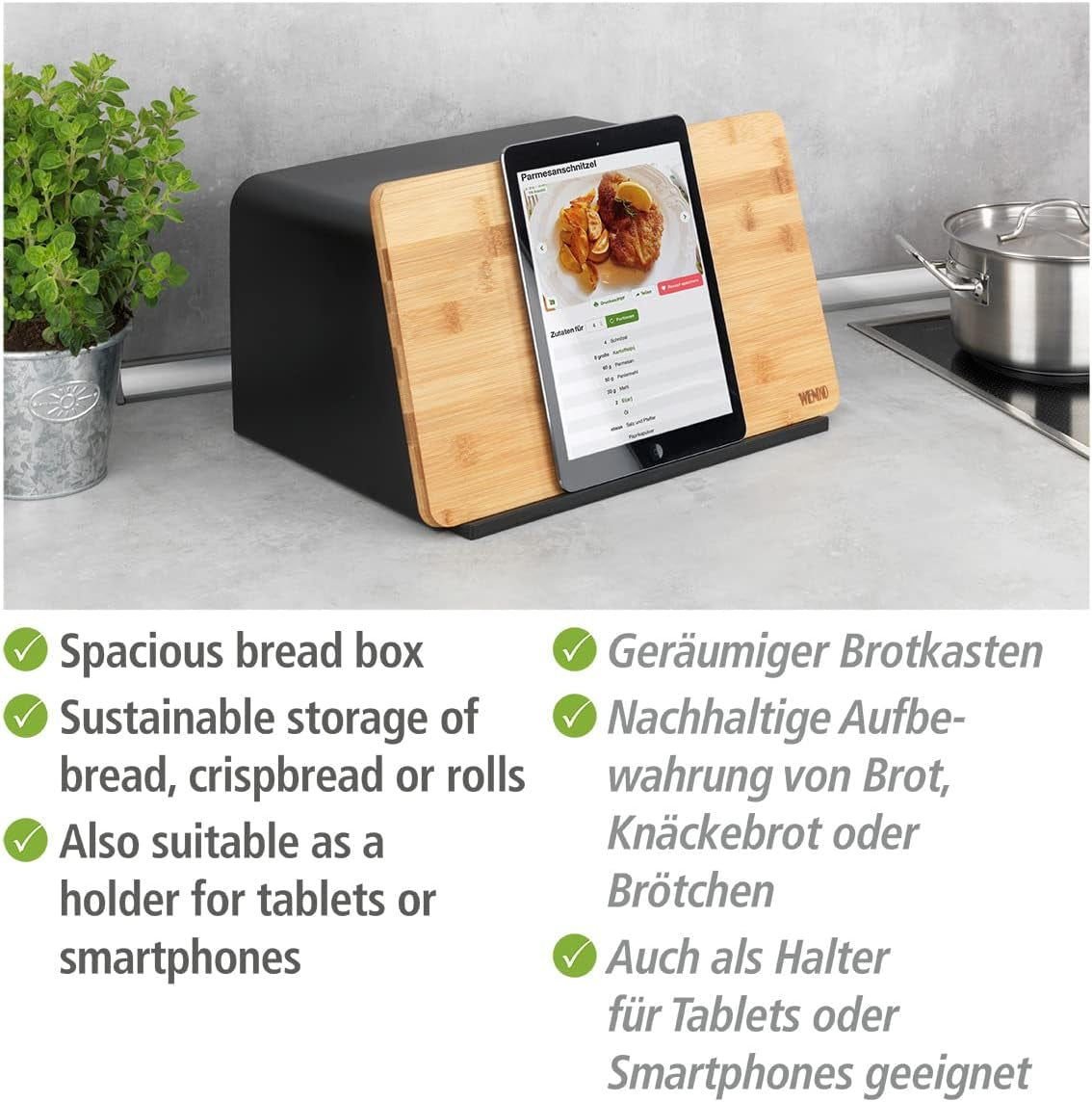 WENKO Kubo Panera con Tabla de Bambú, Versátil Panera con Tapa y Tabla de Cortar de Bambú Integrada, Caja de Almacenamiento de Alimentos, Almacenamiento de Pan Duradero, 35 x 20,5 x 26 cm, Cajas de Almacenamiento de Alimentos Negras/Naturales Naty Shop