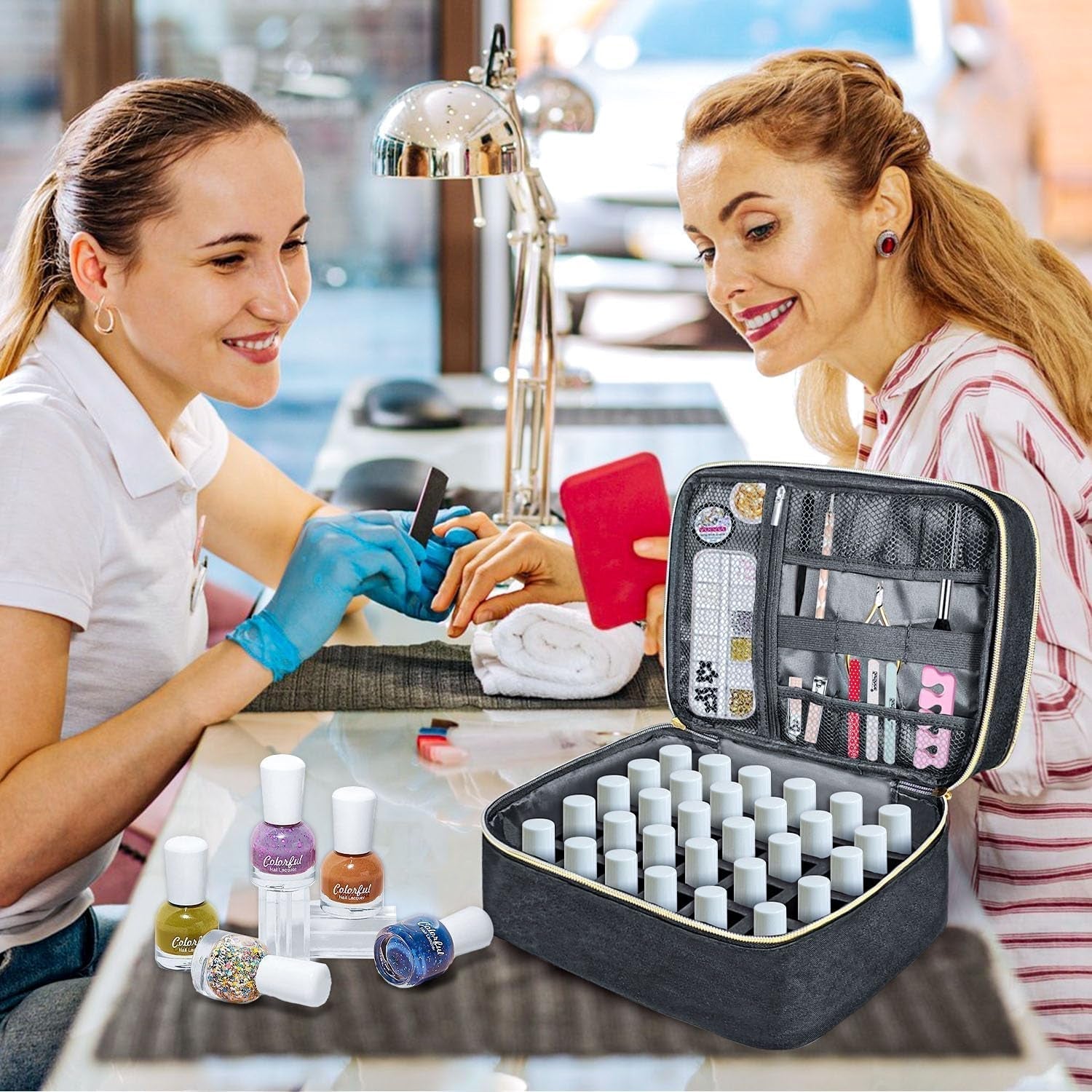 Organizador de laca de uñas Tasche, caja de almacenamiento de laca de uñas Doppelschicht, organizador Koffer para Nageldesign Kosmetiktasche para 30 botellas de base de neouñas (15 ml-0,5 onzas líquidas) y 1 lámpara de uñas (negro)