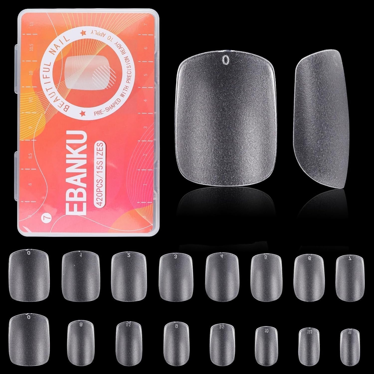 EBANKU 420 puntas de uñas cuadradas cortas, puntas mate de cobertura completa, puntas de gel suave, puntas de uñas de gel transparente prepulidas, puntas de extensión de uñas artificiales, 15 tamaños (cuadrados cortos)