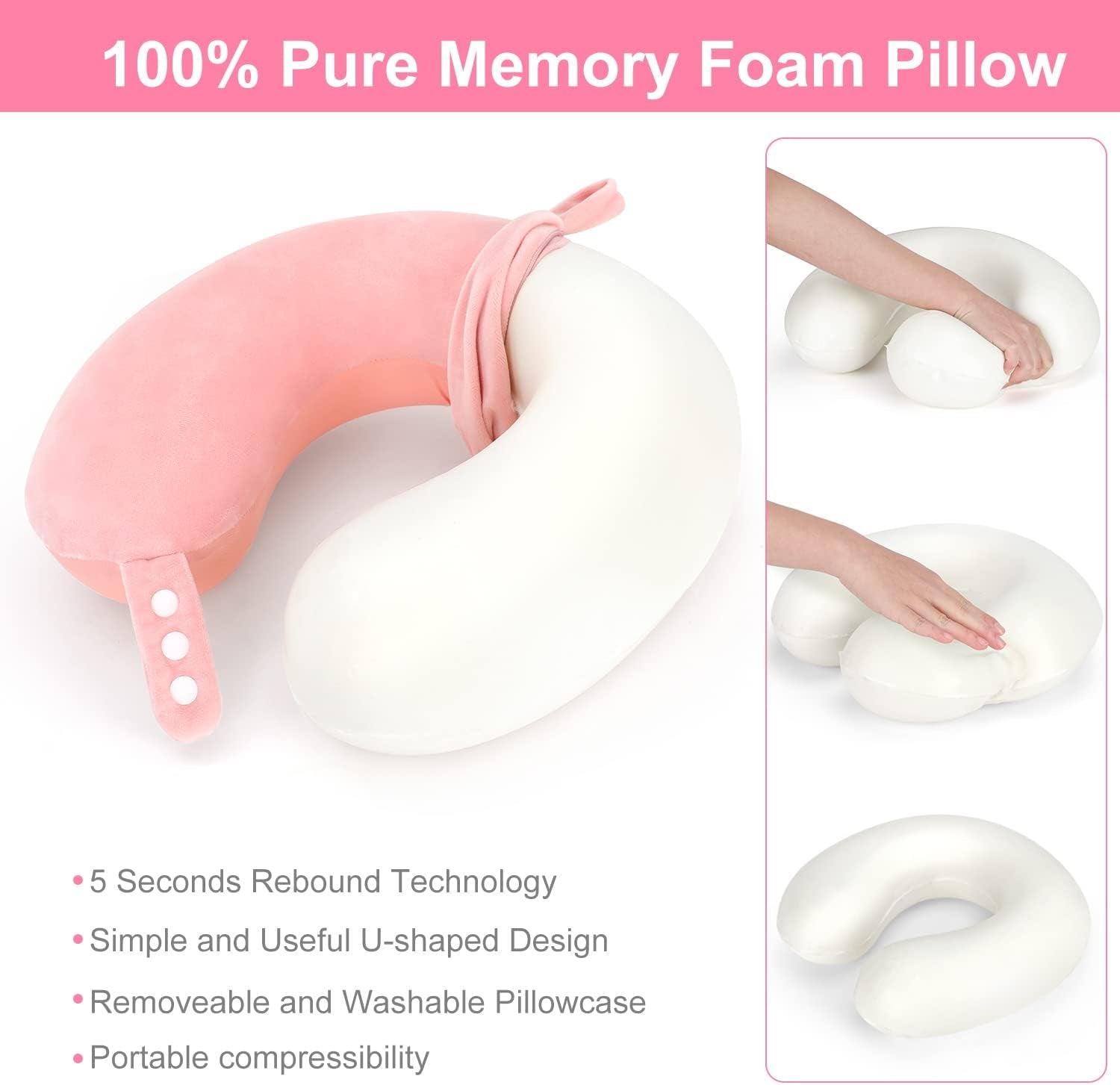 TALLGO Almohada de Viaje para el Cuello, La Mejor Almohada de Avión de Espuma Viscoelástica para Reposacabezas, Almohada Suave y Ajustable para Avión, Coche y Hogar, Almohadas Ortopédicas Cervicales Rosadas Naty Shop