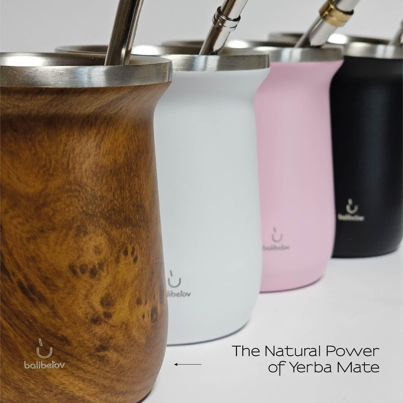 Juego de té Yerba Mate balibetov (taza de mate) hecho de acero inoxidable con bombilla (pajita) para mate, Juego de Yerba Mate fácil de limpiar y muy duradero (MADERA)