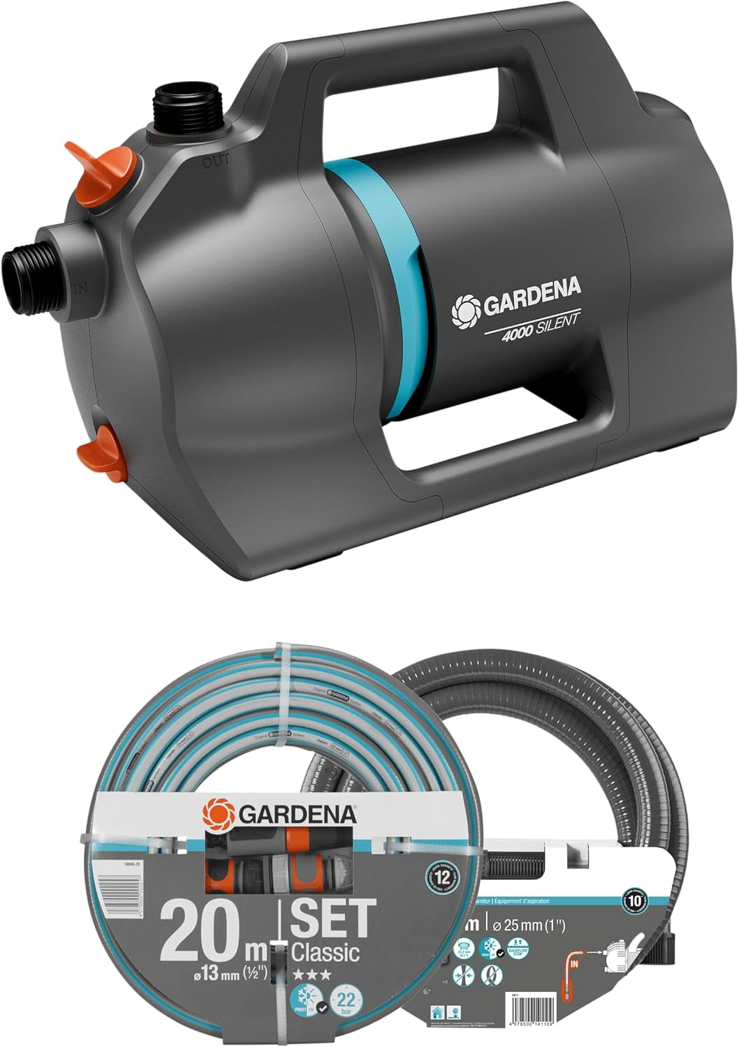 Gardena 4100 Set de Bomba de Jardín Silenciosa: Bomba de Riego Muy Silenciosa e Innovadora con Conexión de Aspiración de 3,5m y Manguera Clásica de 20m, Caudal 4100L/h, Motor 550W, Impermeable, Económica (9051-20)