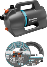 Gardena 4100 Set de Bomba de Jardín Silenciosa: Bomba de Riego Muy Silenciosa e Innovadora con Conexión de Aspiración de 3,5m y Manguera Clásica de 20m, Caudal 4100L/h, Motor 550W, Impermeable, Económica (9051-20)