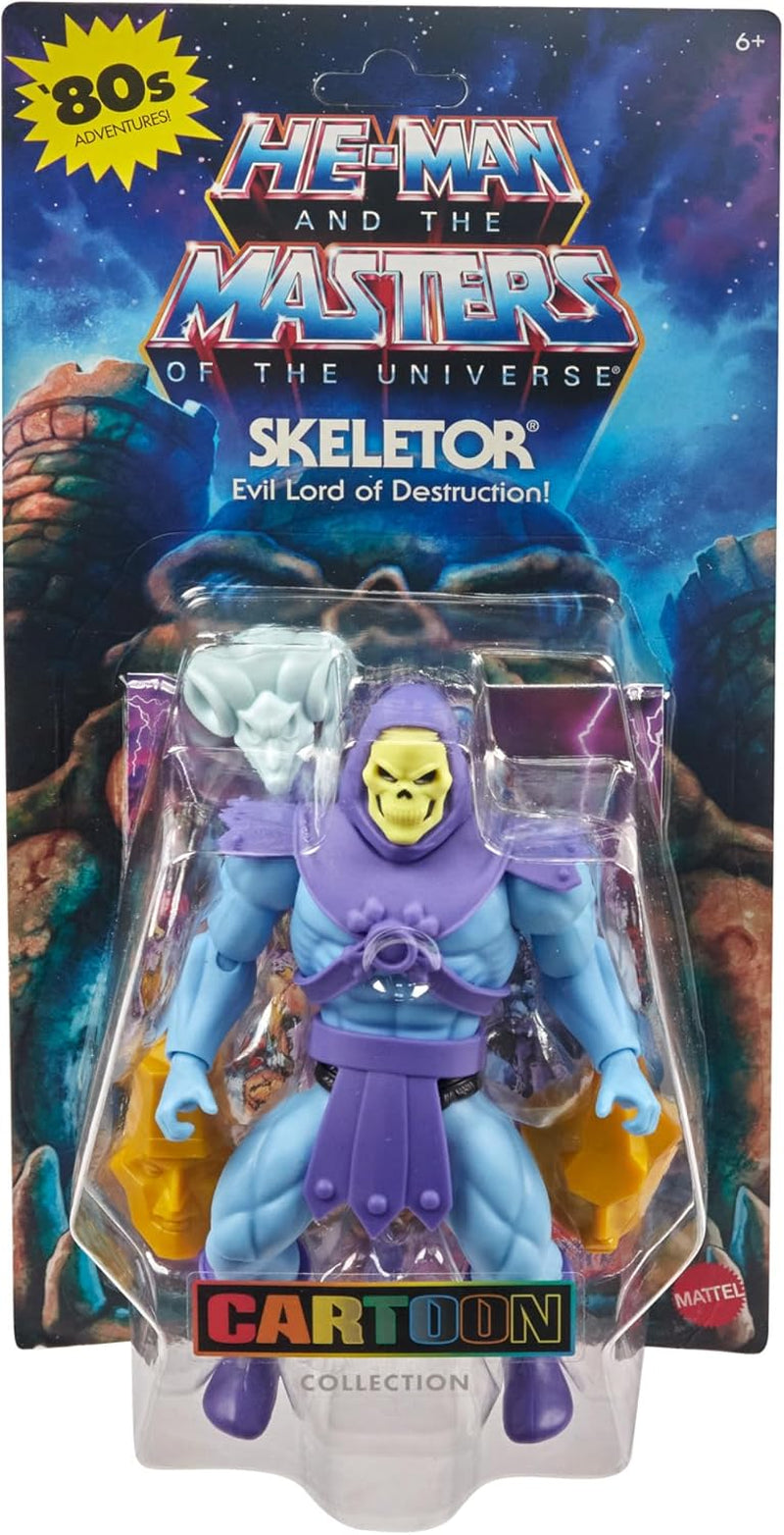 Juguete Masters of the Universe Origins, figura de Skeletor de la colección de dibujos animados, villano de aprox. 14 cm con armadura, bastón, espada y 2 máscaras, Figuras de acción HYD24 Naty Shop