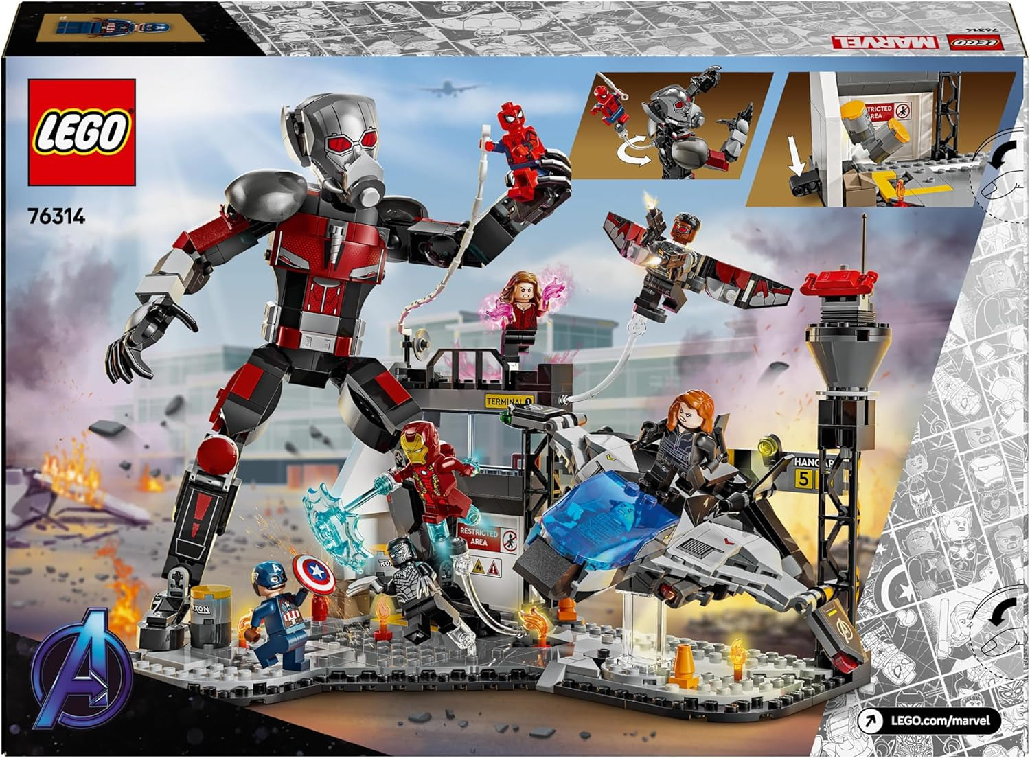 LEGO Marvel Captain America: Civil War Action Duel - Juego de superhéroes con 8 minifiguras - Juego de construcción y juego de aviones de juguete - Regalo para niños y niñas 76314 Juegos de construcción Besuche den LEGO-Store