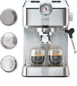 Caso Espresso Gourmet - Cafetera Espresso con Portafiltro de Acero Inoxidable, Potente Bomba Ulka de 19 Bares, con Espumador de Leche, para Café Molido o Cápsulas de Café ESE, para 2 Tazas, con Calentador de Tazas