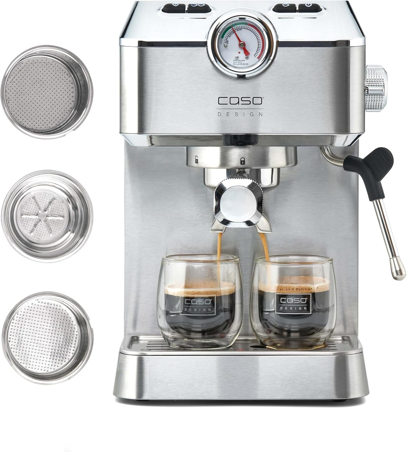 Caso Espresso Gourmet - Cafetera Espresso con Portafiltro de Acero Inoxidable, Potente Bomba Ulka de 19 Bares, con Espumador de Leche, para Café Molido o Cápsulas de Café ESE, para 2 Tazas, con Calentador de Tazas
