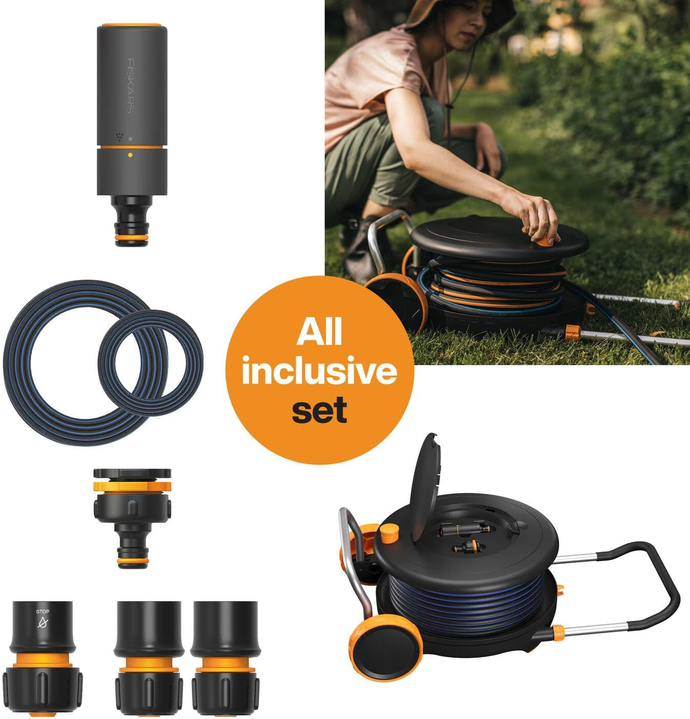 Rueda hidráulica Fiskars Comfort L con ruedas, juego de riego todo incluido, alcance total de 31,5 m, enrollado automático, manguera de jardín universal (Ø 13 mm), conexión universal para grifo, 1071670