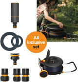 Rueda hidráulica Fiskars Comfort L con ruedas, juego de riego todo incluido, alcance total de 31,5 m, enrollado automático, manguera de jardín universal (Ø 13 mm), conexión universal para grifo, 1071670