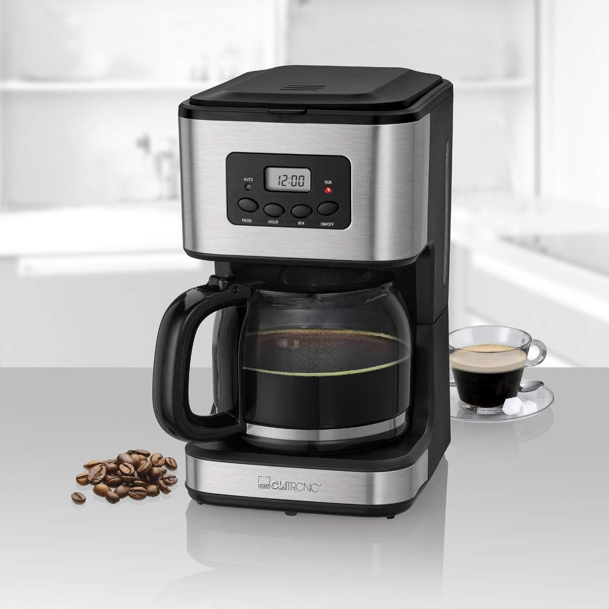 Cafetera Clatronic® con temporizador, jarra de 1,5 litros para 12-14 tazas de café, temporizador LCD 24h, función mantener caliente, antigoteo, filtro extraíble, display e indicadores luminosos, 900W - KA 3642