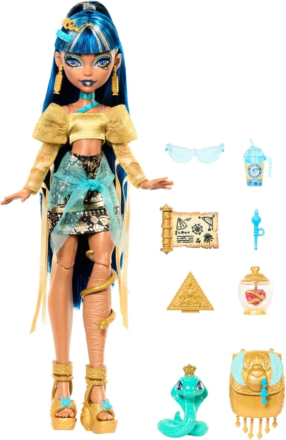 Muñeca Monster High Cleo De Nile con blusa dorada y falda a capas, incluye la cobra Hissette y accesorios como una mochila, un refrigerio y un rollo de papel higiénico, HXH74