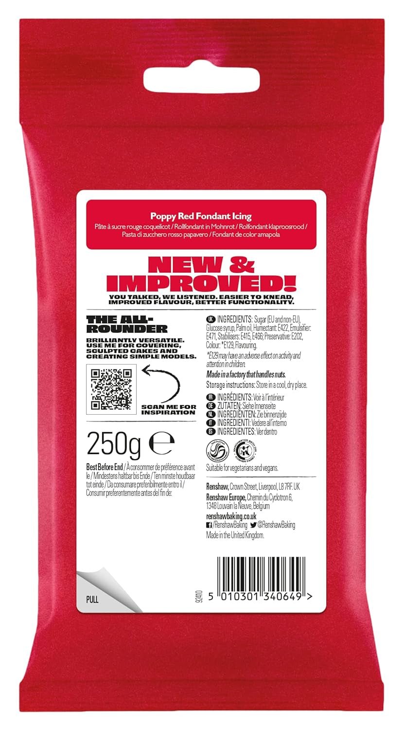 Fondant Rojo Amapola 250g - Listo para enrollar, perfecto para glasear y decorar tartas, cupcakes y galletas - Rojo Amapola - 250g Pasta de azúcar Naty Shop