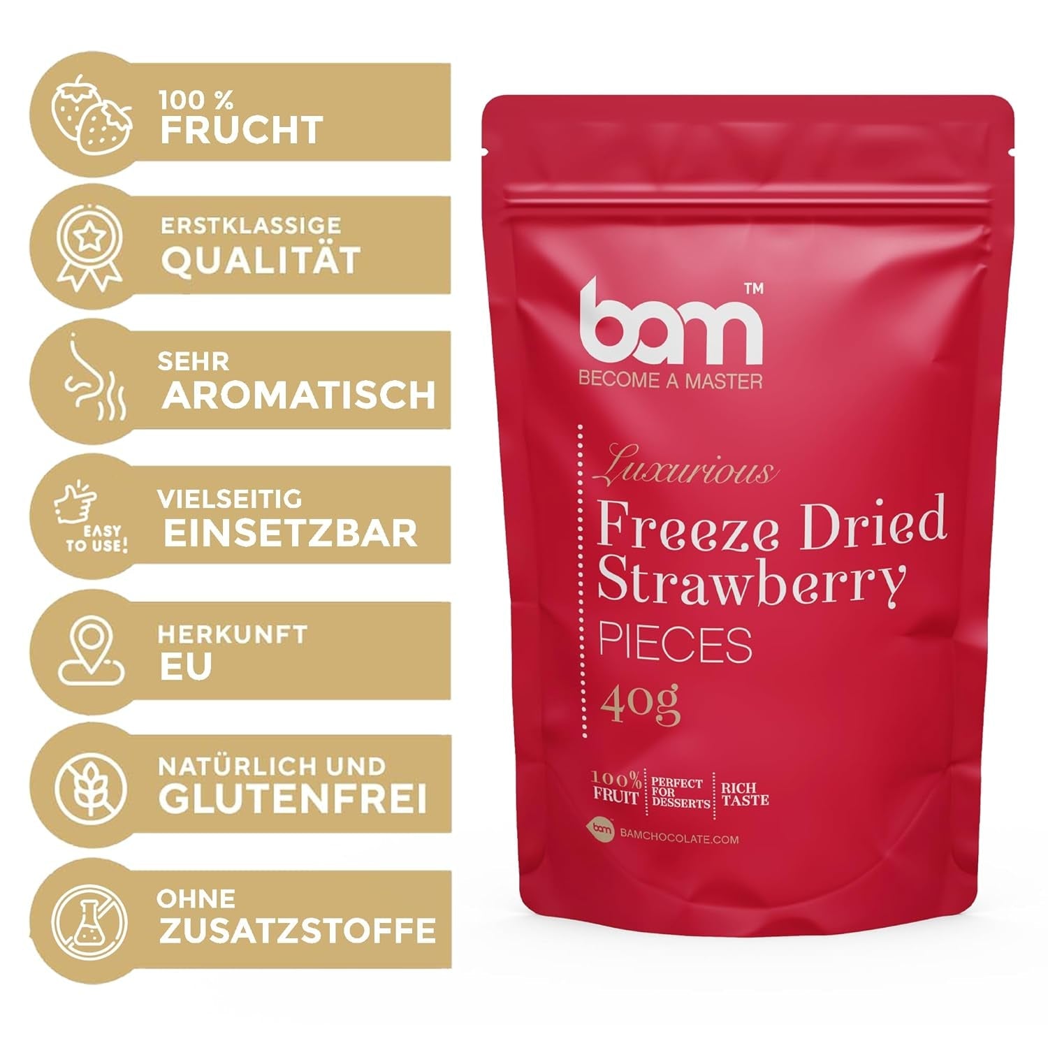 Fruta liofilizada BAM, 40 gramos, fruta natural, postres perfectos, rico sabor (fresa) Productos deshidratados Naty Shop