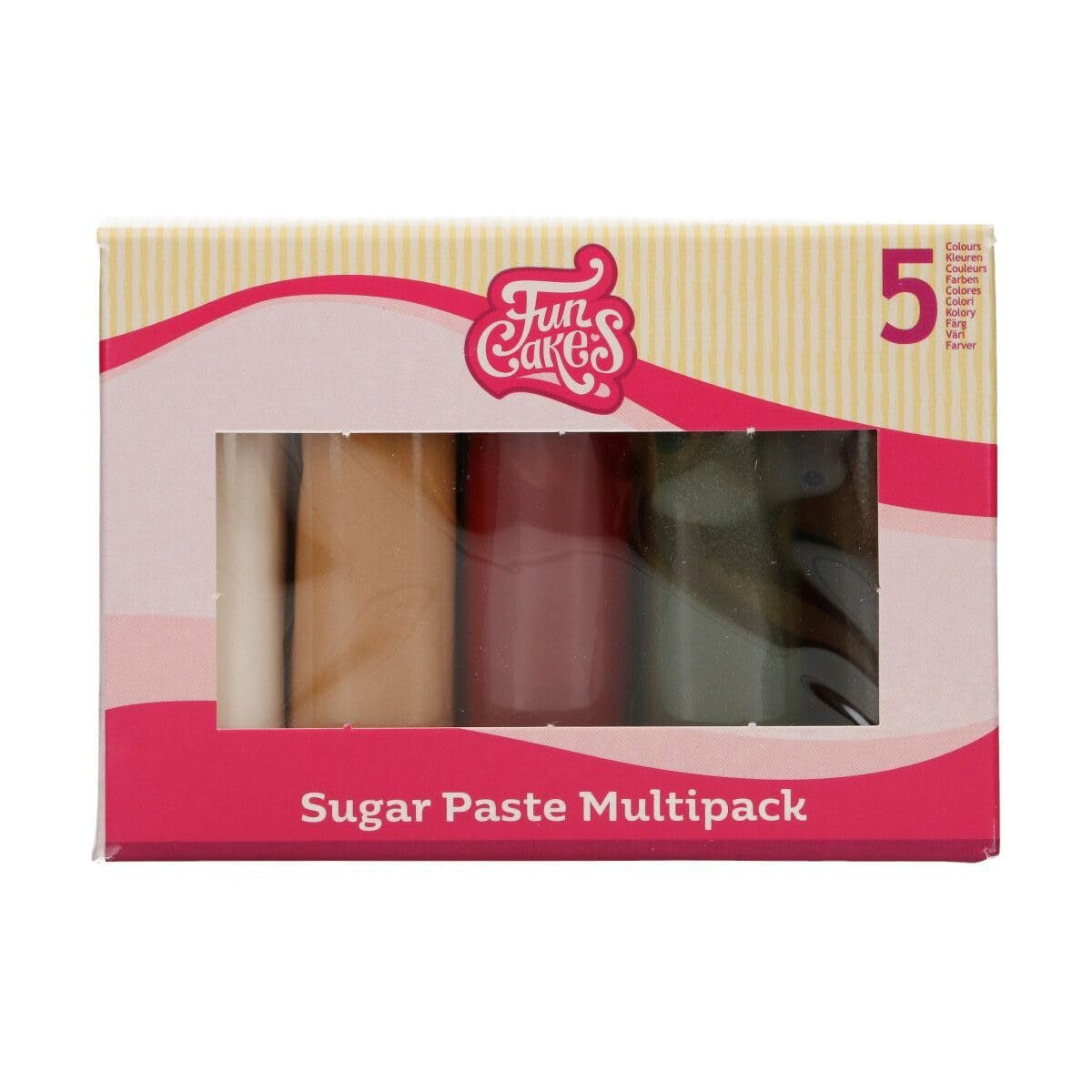 FunCakes Fondant Multipack Fácil de usar, liso, flexible, suave y maleable, perfecto para decoración de pasteles, halal, kosher y sin gluten. 5 colores, 5 x 100 g, Naty Shop Título predeterminado Paleta de pasta de azúcar espumosa