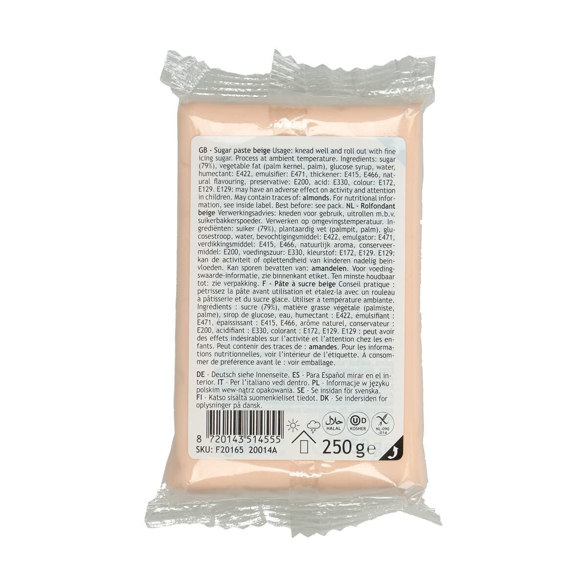 FunCakes Fondant Natural Enrollado Beige: Fácil de Usar, Suave, Flexible, Suave y Doblable, Perfecto para Decorar Tartas, Halal, Kosher y Sin Gluten, 250g Naty Shop Pasta de Azúcar