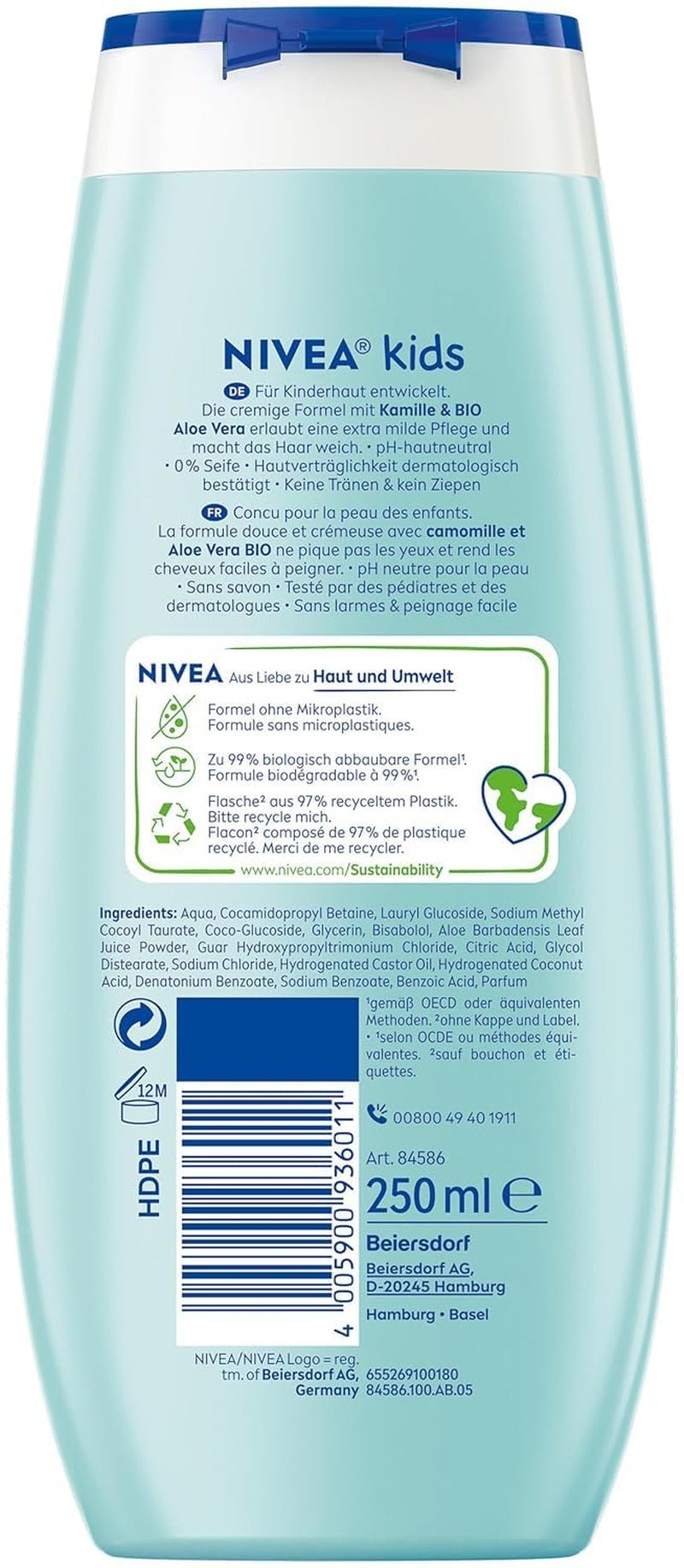 Gel de ducha, champú y acondicionador NIVEA KIDS 3en1, cuidado y limpieza para niños con mágico aroma a manzana, cuidado extra suave para el cabello y la piel de los niños sin jabón (250 ml) Infantil - Baño y Cuidado de la piel Naty Shop