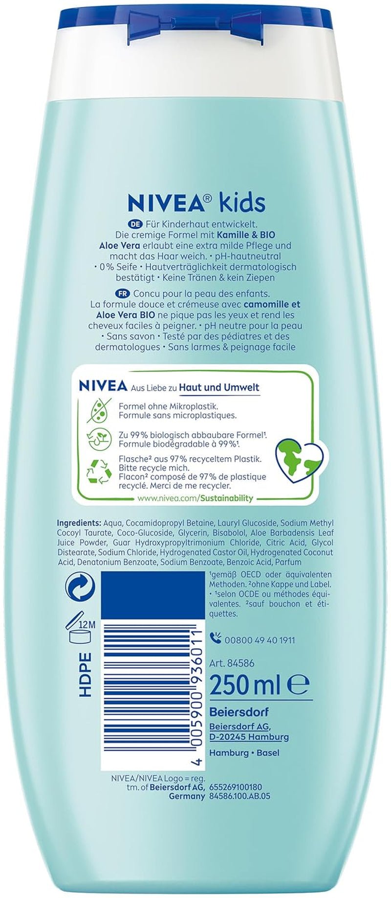 Gel de ducha, champú y acondicionador NIVEA KIDS 3en1, cuidado y limpieza para niños con mágico aroma a manzana, cuidado extra suave para el cabello y la piel de los niños sin jabón (250 ml) Infantil - Baño y Cuidado de la piel Naty Shop
