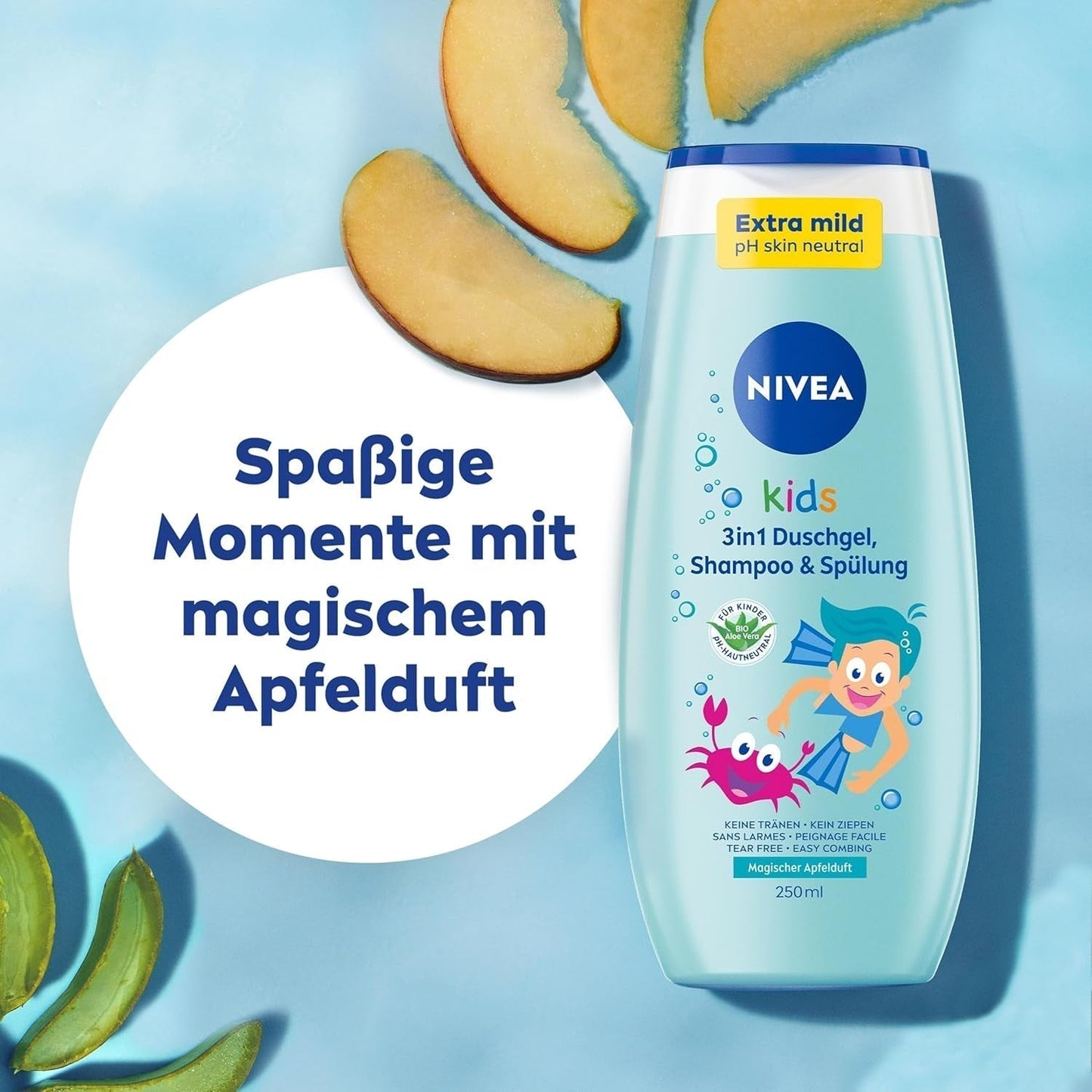 Gel de ducha, champú y acondicionador NIVEA KIDS 3en1, cuidado y limpieza para niños con mágico aroma a manzana, cuidado extra suave para el cabello y la piel de los niños sin jabón (250 ml) Infantil - Baño y Cuidado de la piel Naty Shop
