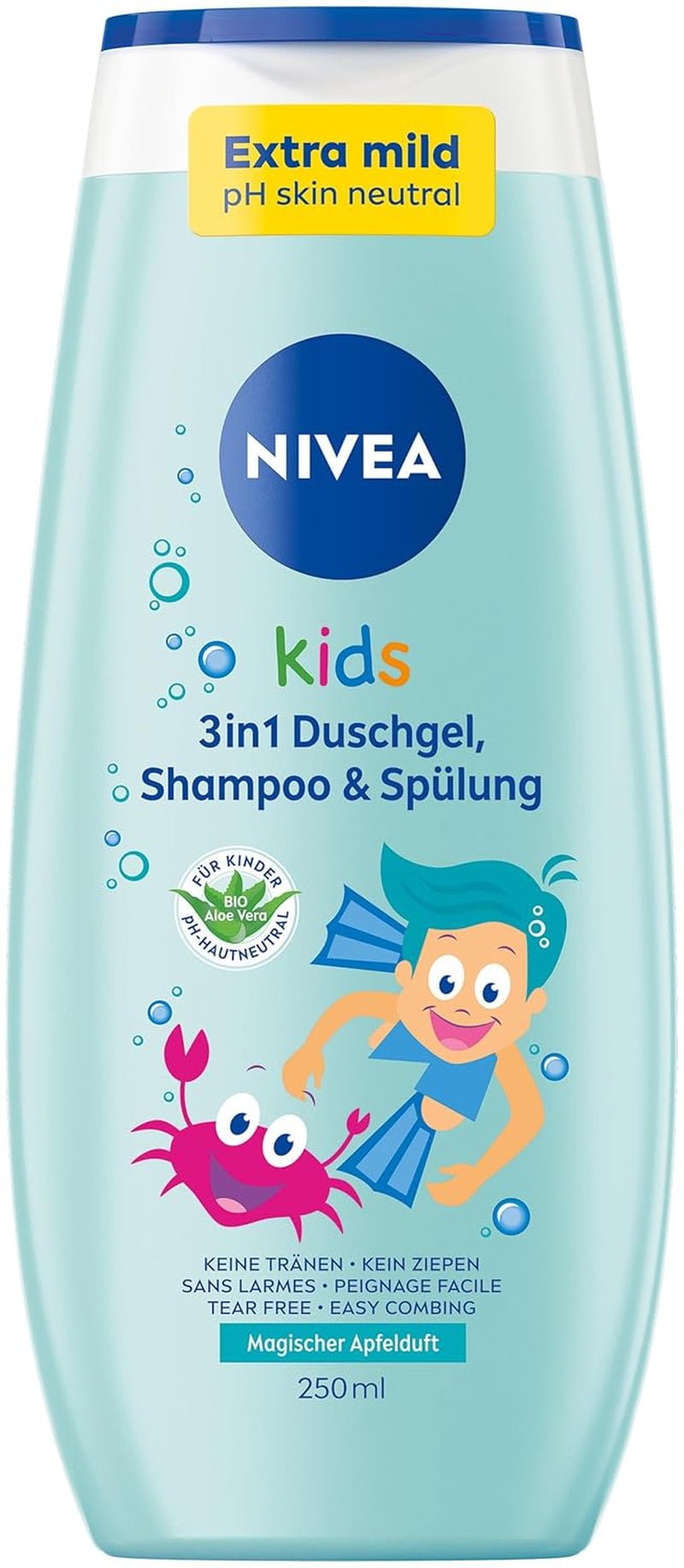 Gel de ducha, champú y acondicionador NIVEA KIDS 3en1, cuidado y limpieza para niños con mágico aroma a manzana, cuidado extra suave y sin jabón para el cabello y la piel de los niños (250 ml) Infantil - Baño y Cuidado Naty Shop Aroma a manzana - 0 microplásticos