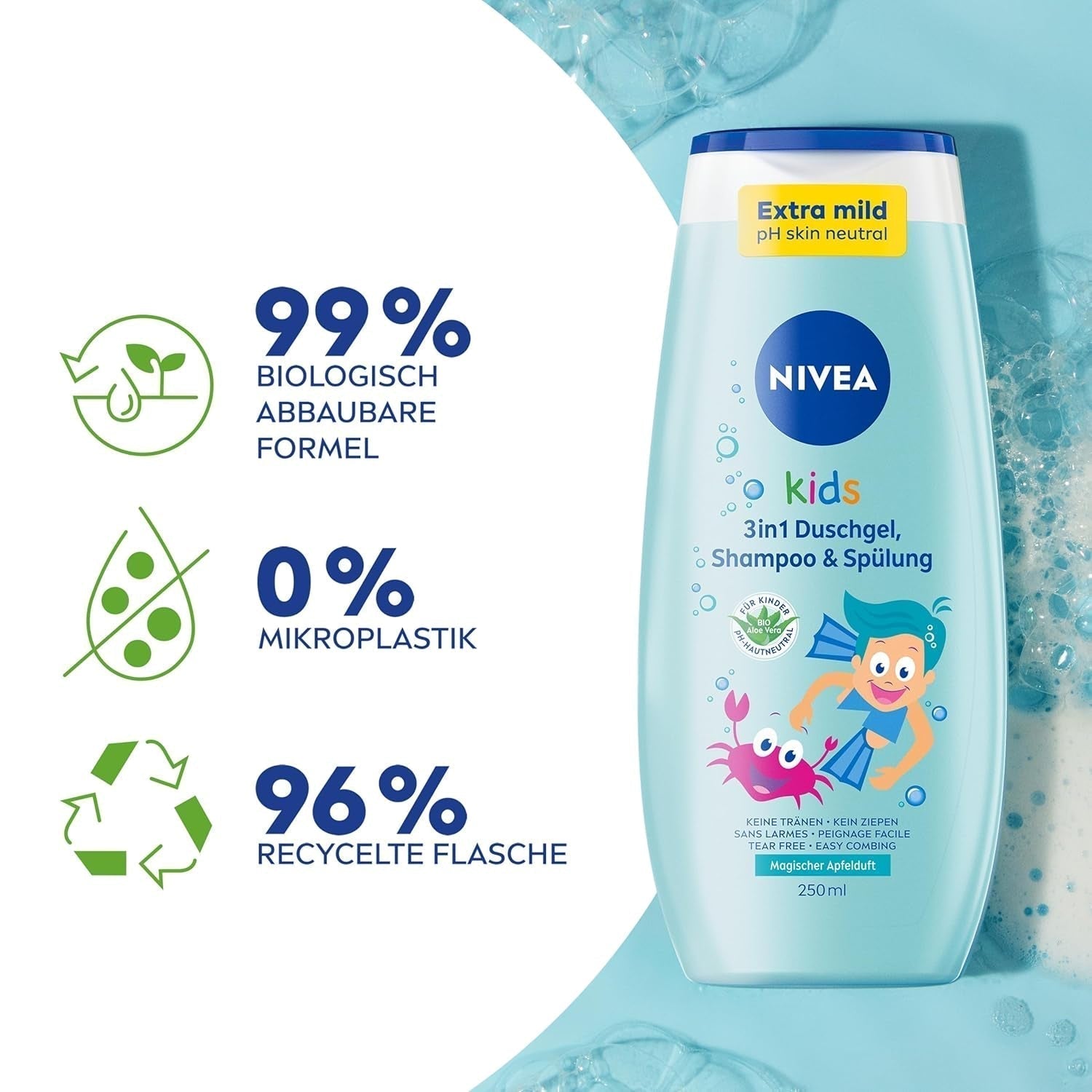 Gel de ducha, champú y acondicionador NIVEA KIDS 3en1, cuidado y limpieza para niños con mágico aroma a manzana, cuidado extra suave para el cabello y la piel de los niños sin jabón (250 ml) Infantil - Baño y Cuidado de la piel Naty Shop