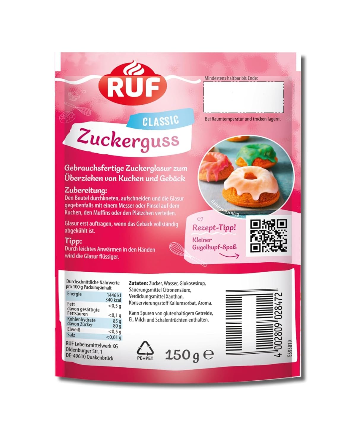 Glaseado RUF listo para usar, se puede usar inmediatamente sin mezclar, glaseado para galletas y pasteles, como base de glaseado de azúcar o para colorear y aromatizar, 1 x 150 g (paquete de 4) Pasta de Azúcar Naty Shop