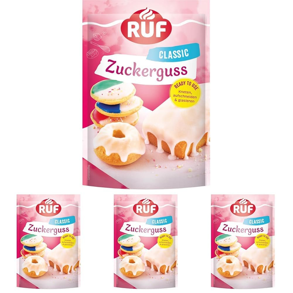 Glasé RUF listo para usar, se puede usar inmediatamente sin mezclar, glaseado para galletas y pasteles, como base de azúcar glas o para colorear y aromatizar, 1 x 150 g (paquete de 4) Naty Shop Pasta de Azúcar 150 G (paquete de 4) Blanco