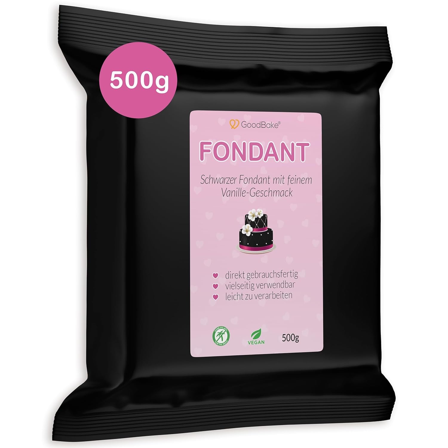 GoodBake fondant negro 500g, fondant enrollado para recubrir, dar forma, decorar tartas, figuras, flores de azúcar y más, sin aceite de palma, vegano, sin gluten Pasta de azúcar Naty Shop Black
