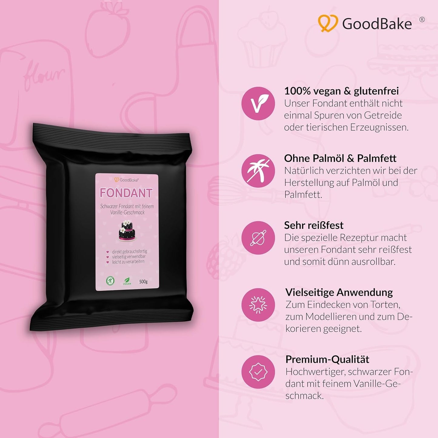 GoodBake fondant negro 500g, fondant enrollado para recubrir, dar forma, decorar tartas, figuras, flores de azúcar y más, sin aceite de palma, vegano, sin gluten Pasta de azúcar Naty Shop