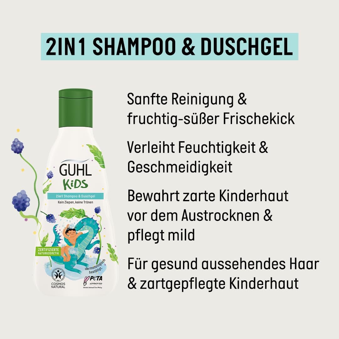 Guhl Kids Dino Advantage Set - 2x Guhl Kids Champú y Gel de Ducha 2 en 1, 250ml + 1x Libro Pixi - Desarrollado especialmente para niños - Sin tirones - Certificado Cosmos Natural Infantil - Baño y cuidado de la piel Naty Shop