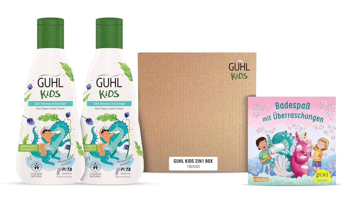 Guhl Kids Dino Advantage Set - 2x Guhl Kids Champú y Gel de Ducha 2 en 1, 250ml + 1x Libro Pixi - Desarrollado especialmente para niños - Sin tirones - Certificado Cosmos Natural Infantil - Baño y cuidado de la piel Naty Shop