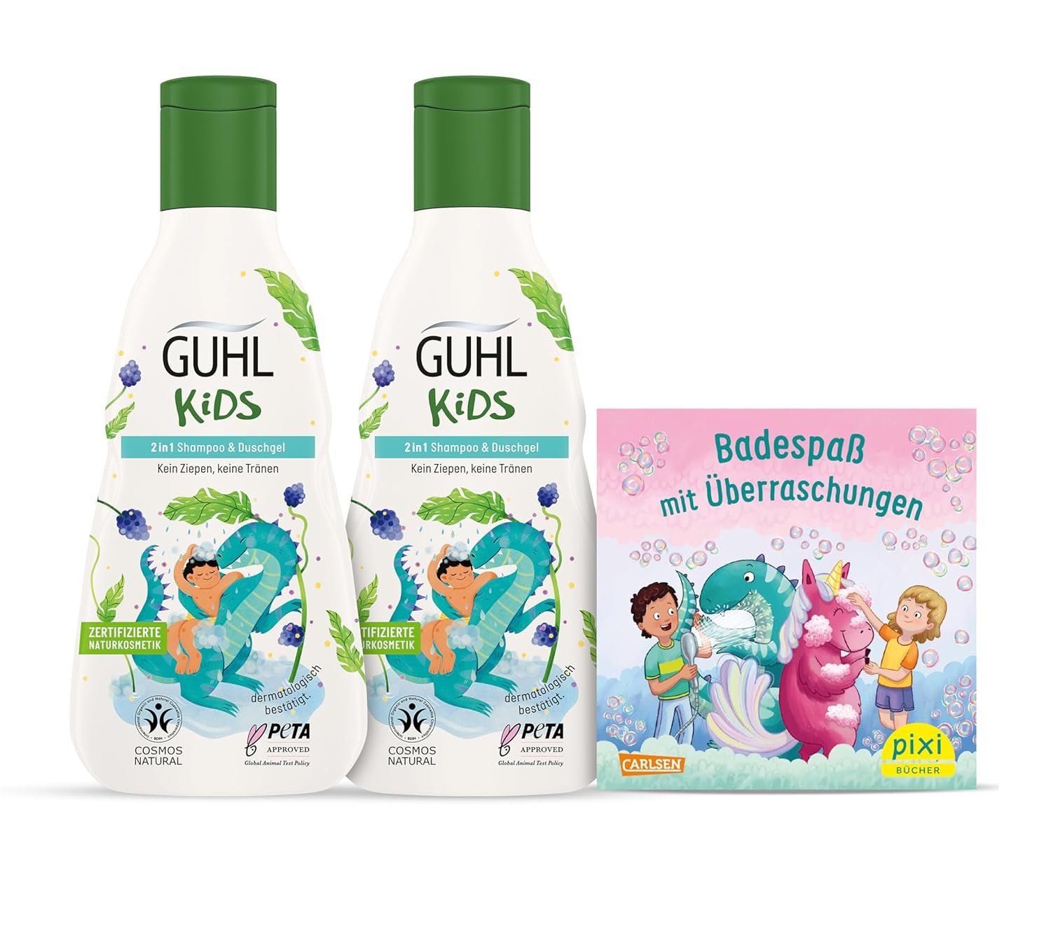 Set de ventajas Guhl Kids Dino - 2x Guhl Kids Champú y gel de ducha 2 en 1, 250 ml + 1x Libro Pixi - Desarrollado especialmente para niños - Sin tirones - Certificado Cosmos Natural Niños - Baño y cuidado de la piel Naty Shop Título predeterminado
