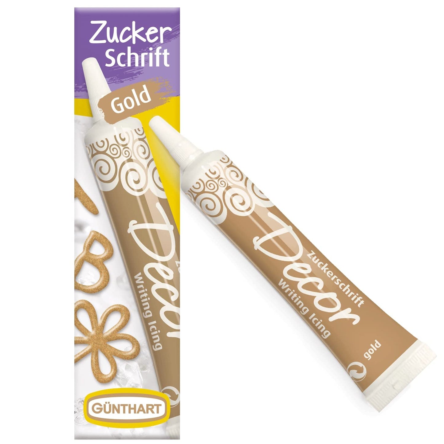 Günthart BackDecor Letras de azúcar BLANCO 25 g para cualquier postre en color azúcar blanco para letras y diseños bonitos, 1 paquete (25 g) Pasta de azúcar Naty Shop Letras de azúcar Small Gold