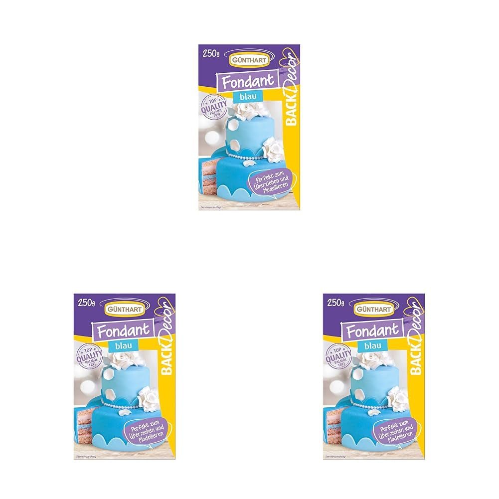 Günthart BackDecor Pasta de Azúcar Azul 250 g 100% Vegano Sin Aceite de Palma Resistente al desgarro para cubrir tartas y pasteles Apto para modelar Pack de 3 (1 x 250 g) Naty Shop Pasta de Azúcar Azul 250 G (Pack de 3)