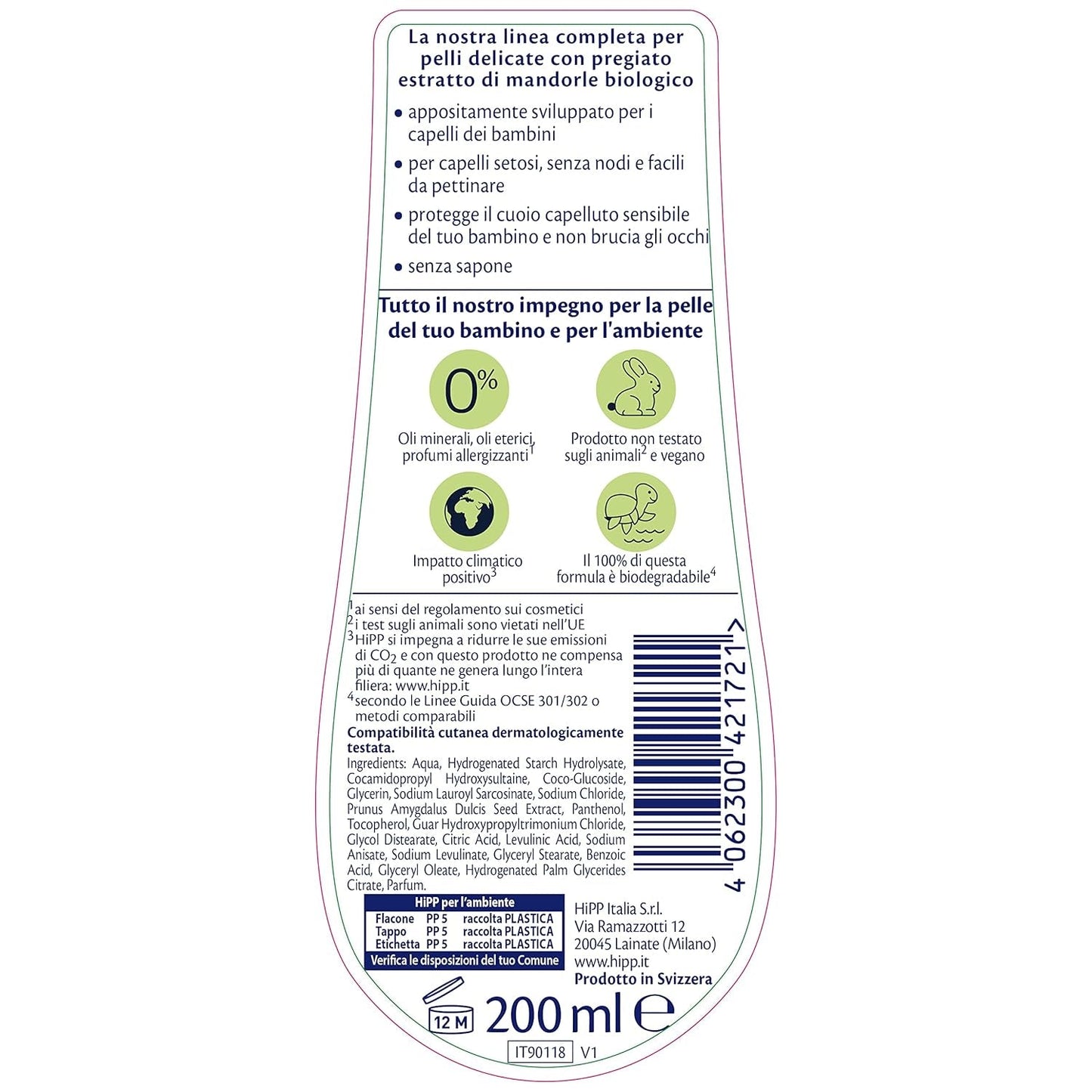 HiPP Baby Care Champú con acondicionador para niños, desenreda el cabello y protege el cuero cabelludo, para pieles sensibles, con extracto natural de almendras ecológico, 1 x 200 ml Infantil - Baño y Cuidado Naty Shop