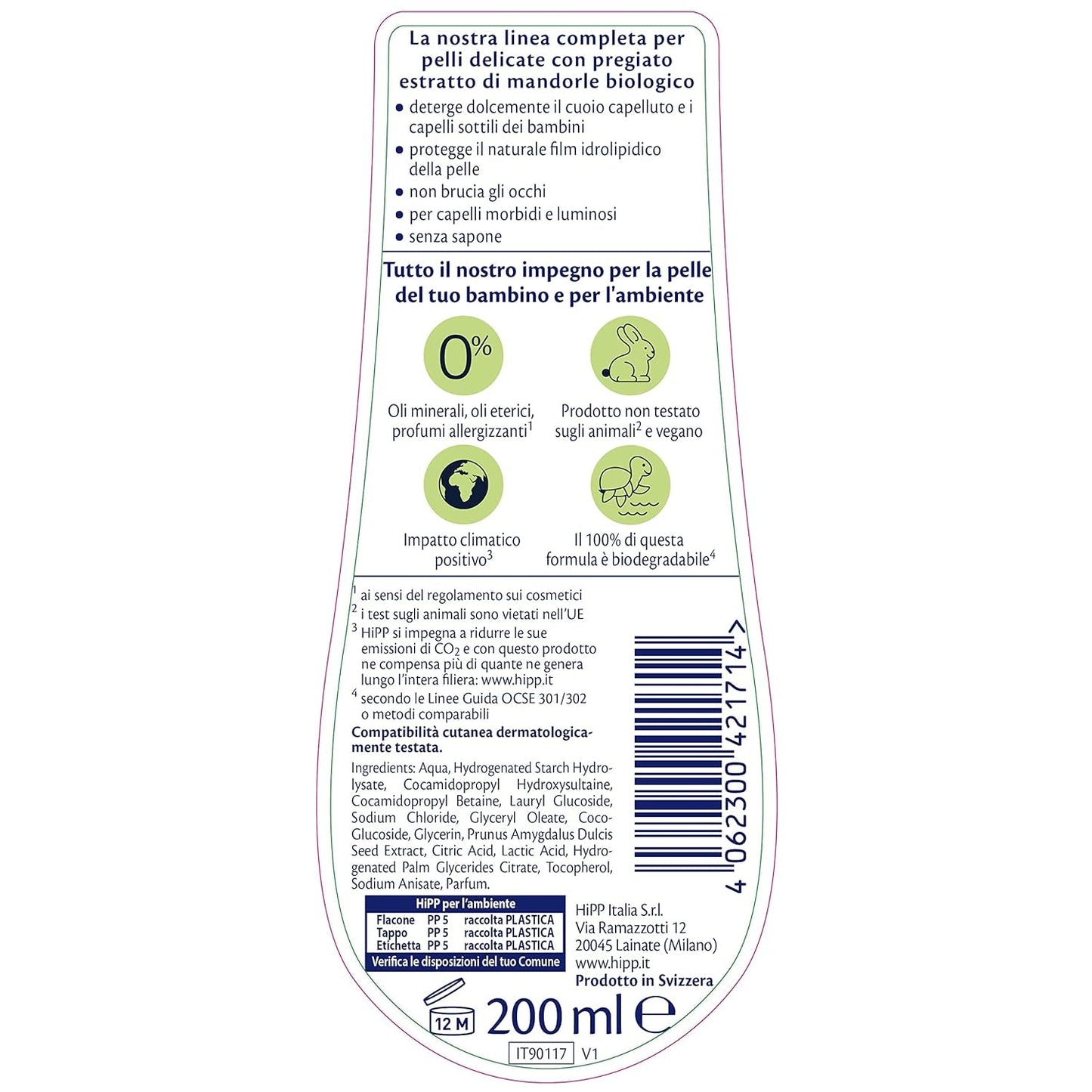 HiPP - Baby Care Champú suave para niños, limpia suavemente e irrita los ojos, para pieles sensibles, con extracto natural de almendras ecológico, 1 frasco de 200 ml Infantil - Baño y Cuidado Naty Shop