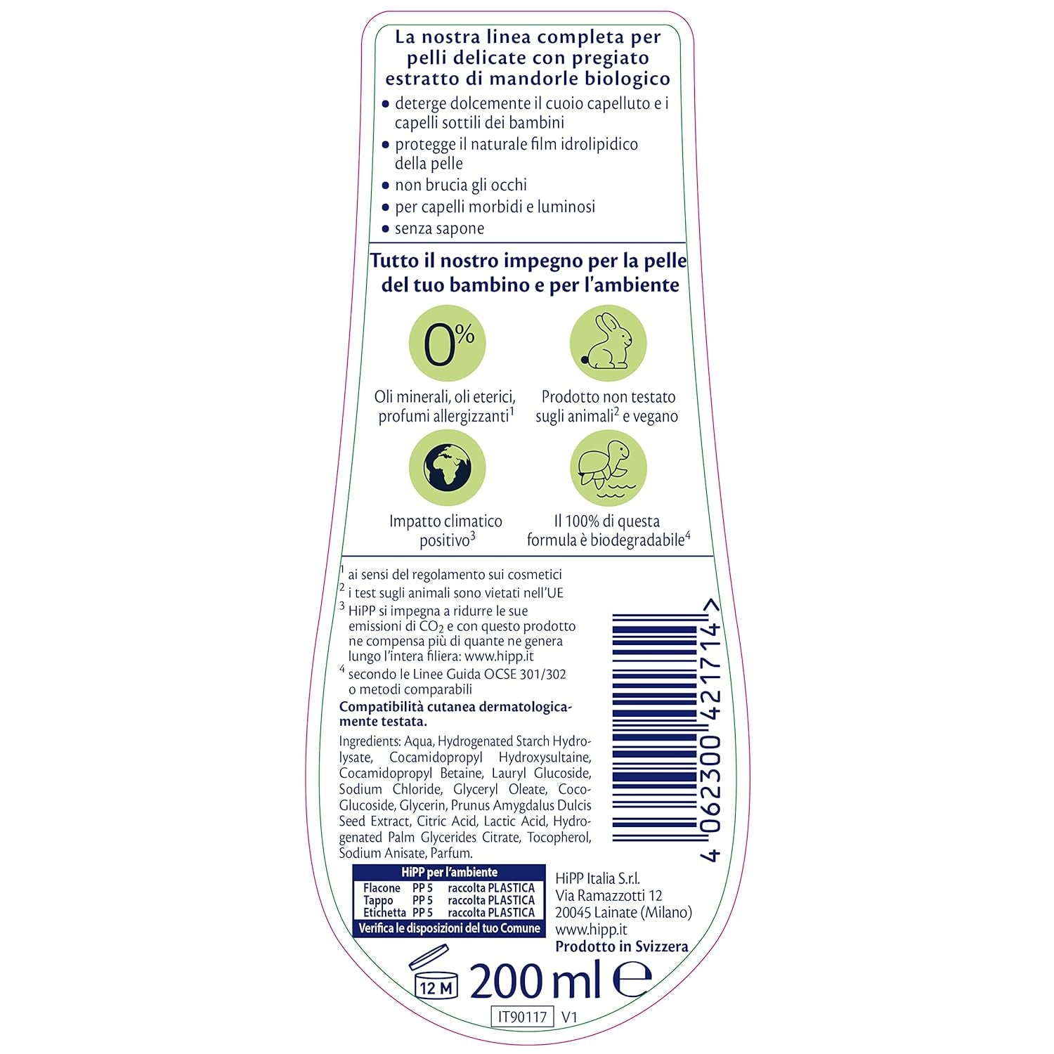 HiPP - Baby Care Champú suave para niños, limpia suavemente e irrita los ojos, para pieles sensibles, con extracto natural de almendras ecológico, 1 frasco de 200 ml Infantil - Baño y Cuidado Naty Shop