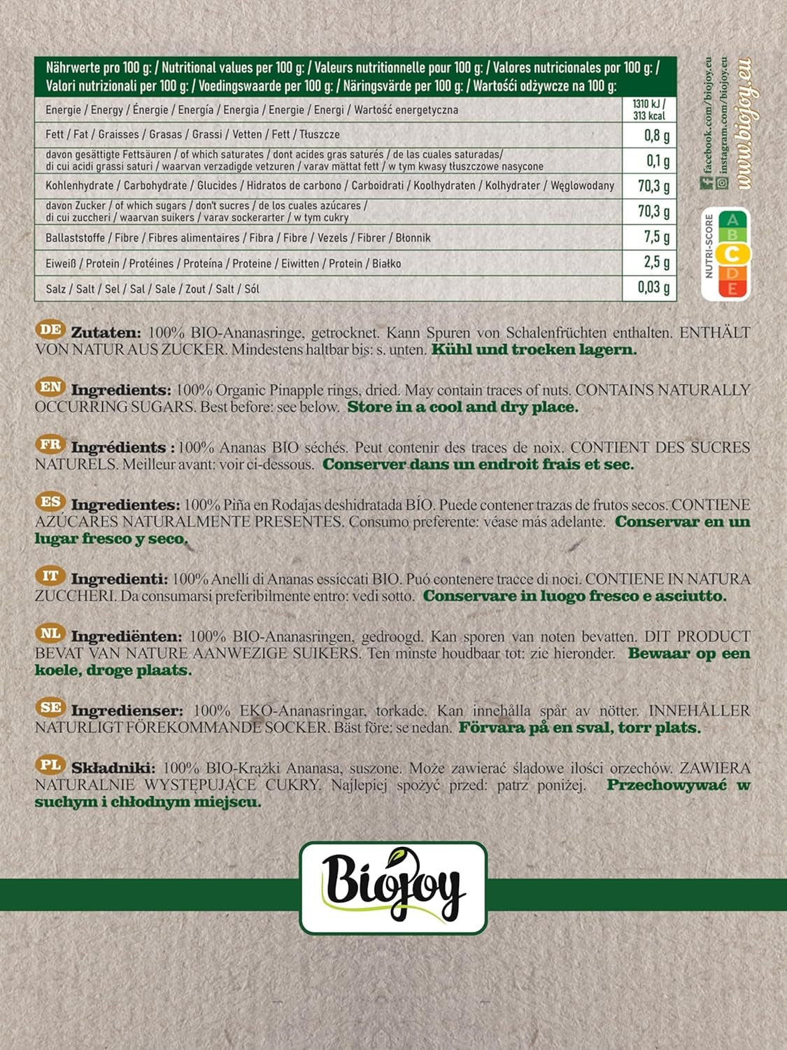 Biojoy Aros de piña BIO, secos (1 kg), sin azufre Naty Shop productos deshidratados