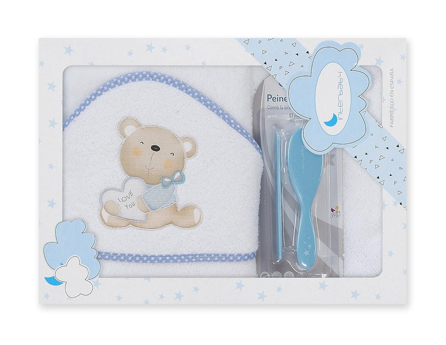 Interbaby P1177-11 Toalla de baño infantil con capucha LOVE YOU blanca y azul con peine y cepillo, azul Infantil - Baño y Cuidado de la piel Naty Shop Default title
