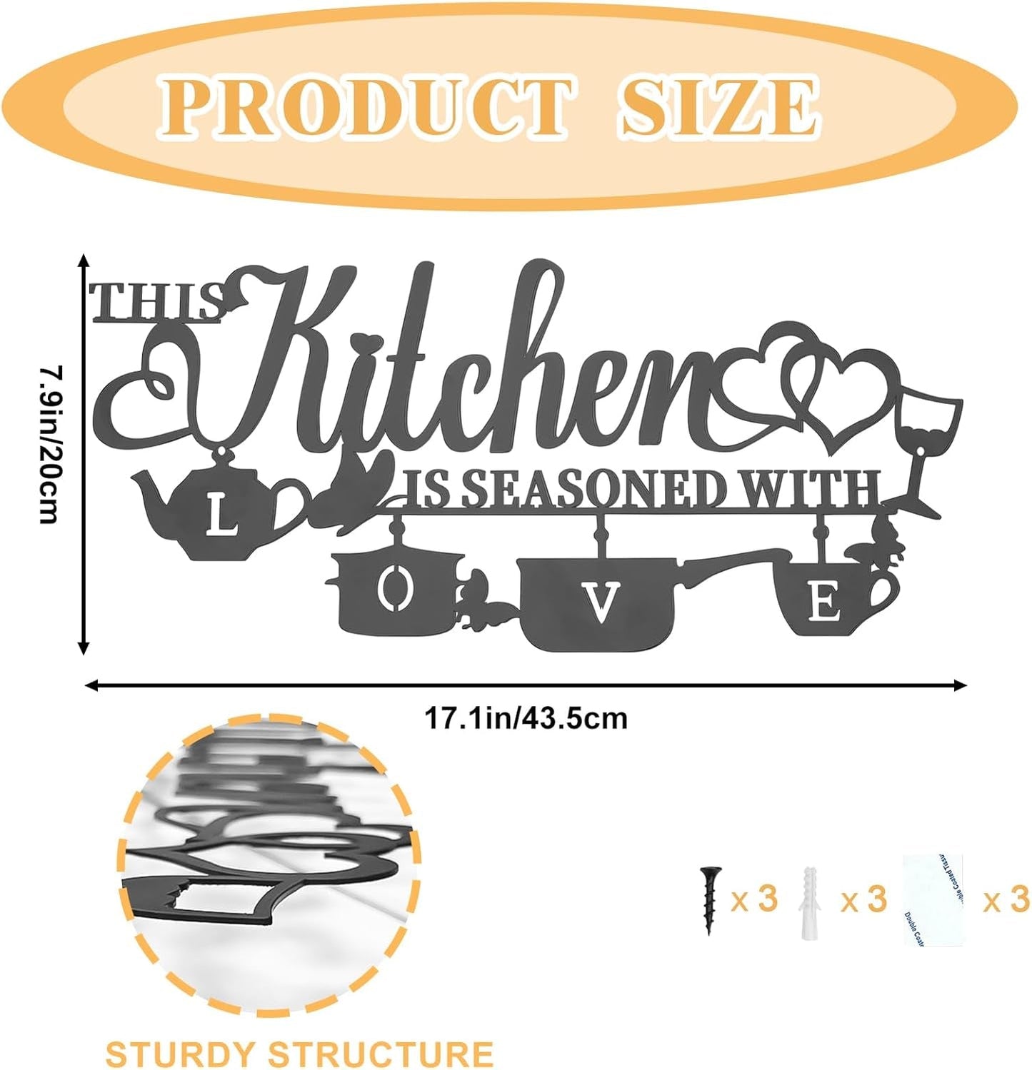 KHayRovies Decoración de pared de cocina Metal Esta cocina está sazonada con amor Placa con nombre de palabra negra Letras de hierro rústico Citas para cocina Granja Sala de estar Estatuas y esculturas Naty Shop