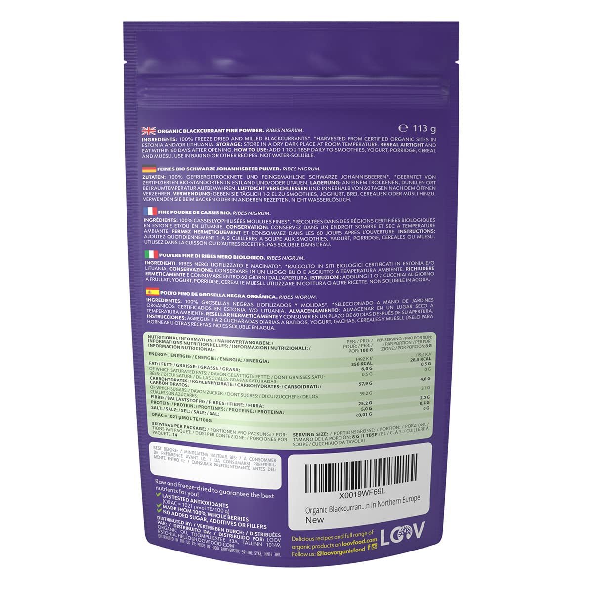 LOOV Grosella Negra en Polvo Bio, Elaborado 100% con Grosellas Negras Enteras, Bayas Orgánicas Liofilizadas y en Polvo, Cultivadas en el Norte de Europa, Sin Azúcar Añadido, 113g Naty Shop Productos Deshidratados