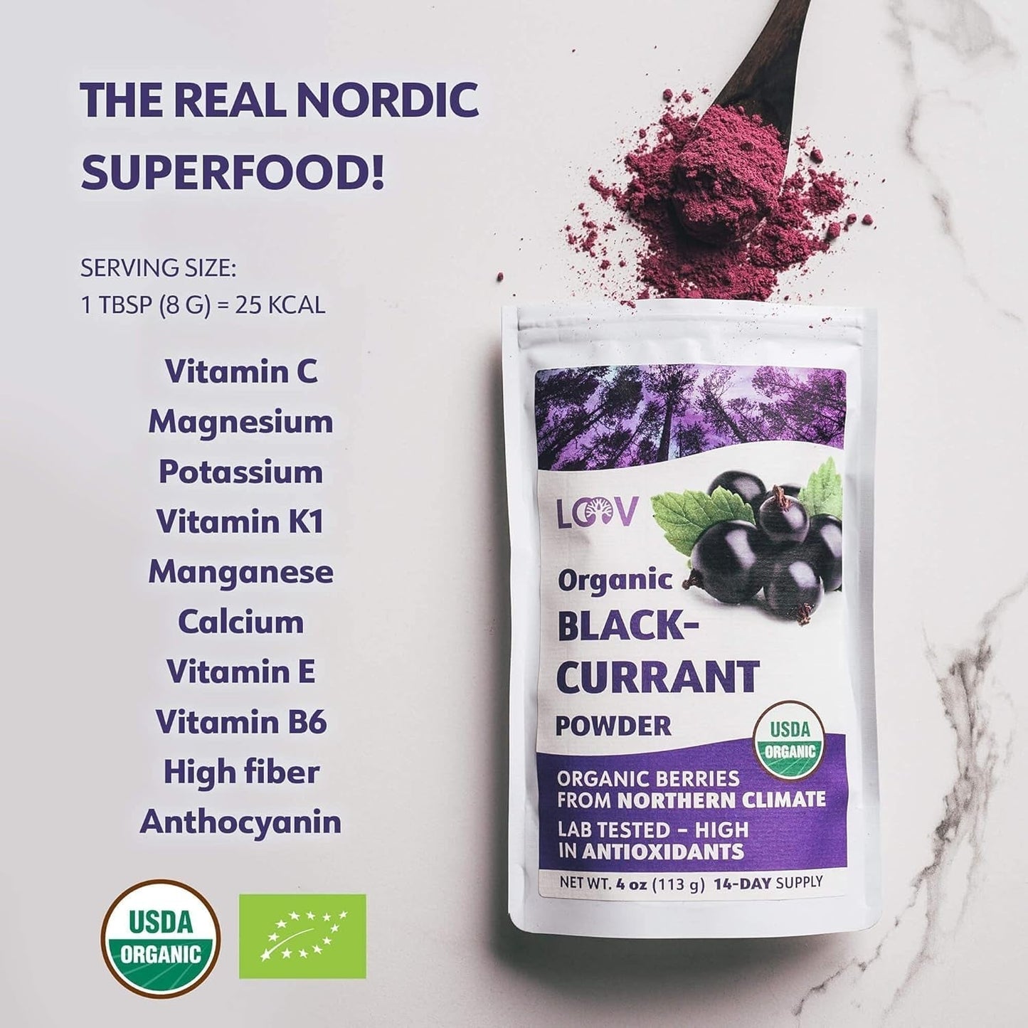 LOOV Grosella Negra en Polvo Bio, Elaborado 100% con Grosellas Negras Enteras, Bayas Orgánicas Liofilizadas y en Polvo, Cultivadas en el Norte de Europa, Sin Azúcar Añadido, 113g Naty Shop Productos Deshidratados