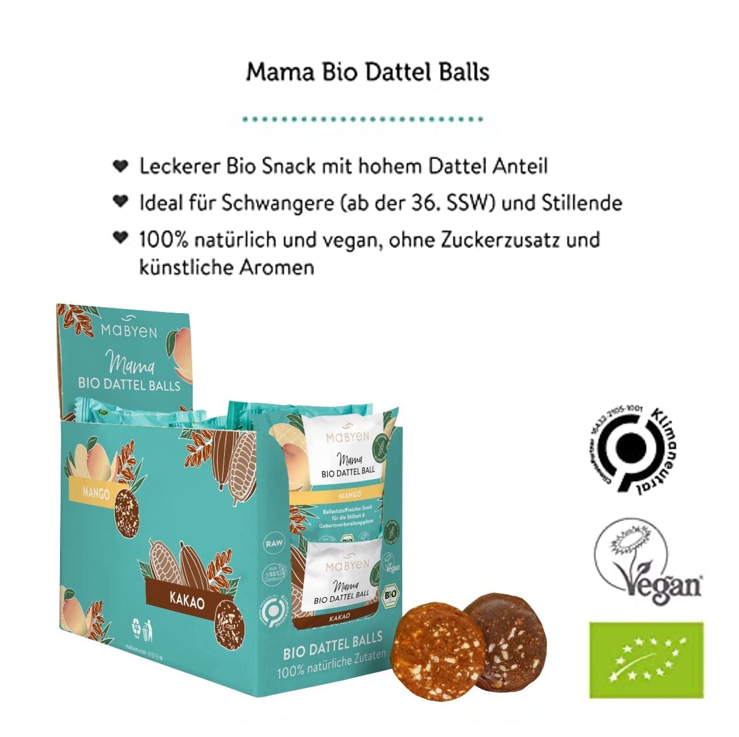 MABYEN Energy Balls Dátil Orgánico 20uds. | Bolitas de Dátil - Snacks Saludables Sin Azúcar para Embarazo y Lactancia - Barritas Proteicas con Frutos Secos - 13 x Cacao y 7 x Productos Deshidratados Sabor Mango Naty Shop