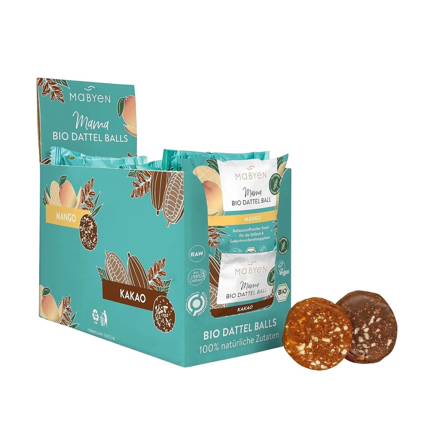 MABYEN Energy Balls Dátil Orgánico 20uds. | Date Balls - Snacks saludables sin azúcar para el embarazo y la lactancia - Barritas proteicas con frutos secos - 13x Sabor Cacao y 7x Mango Naty Shop Productos Deshidratados 40 G (Pack de 20) Cacao + Mango