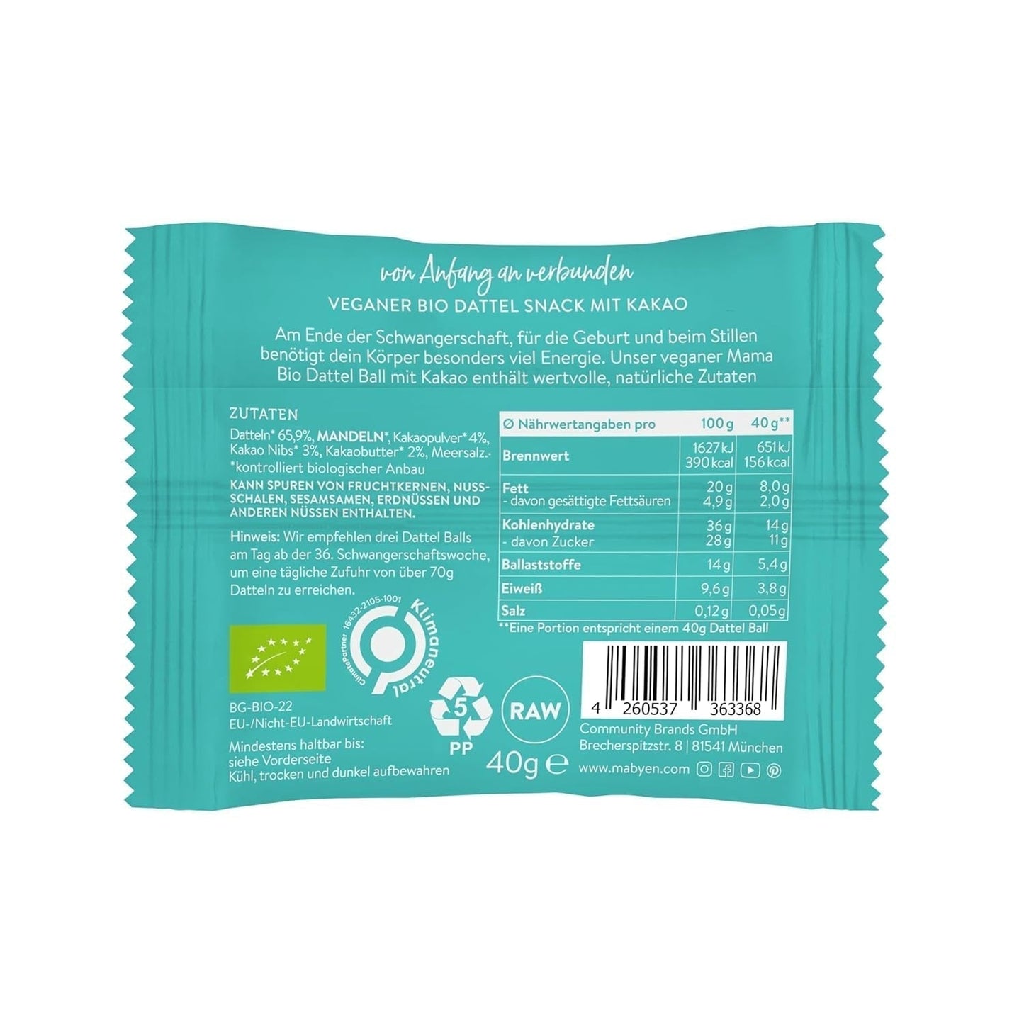 MABYEN Energy Balls Dátil Orgánico 20uds. | Date Balls - Snacks saludables sin azúcar para el embarazo y la lactancia - Barrita proteica con frutos secos - Sabor cacao Productos deshidratados Naty Shop