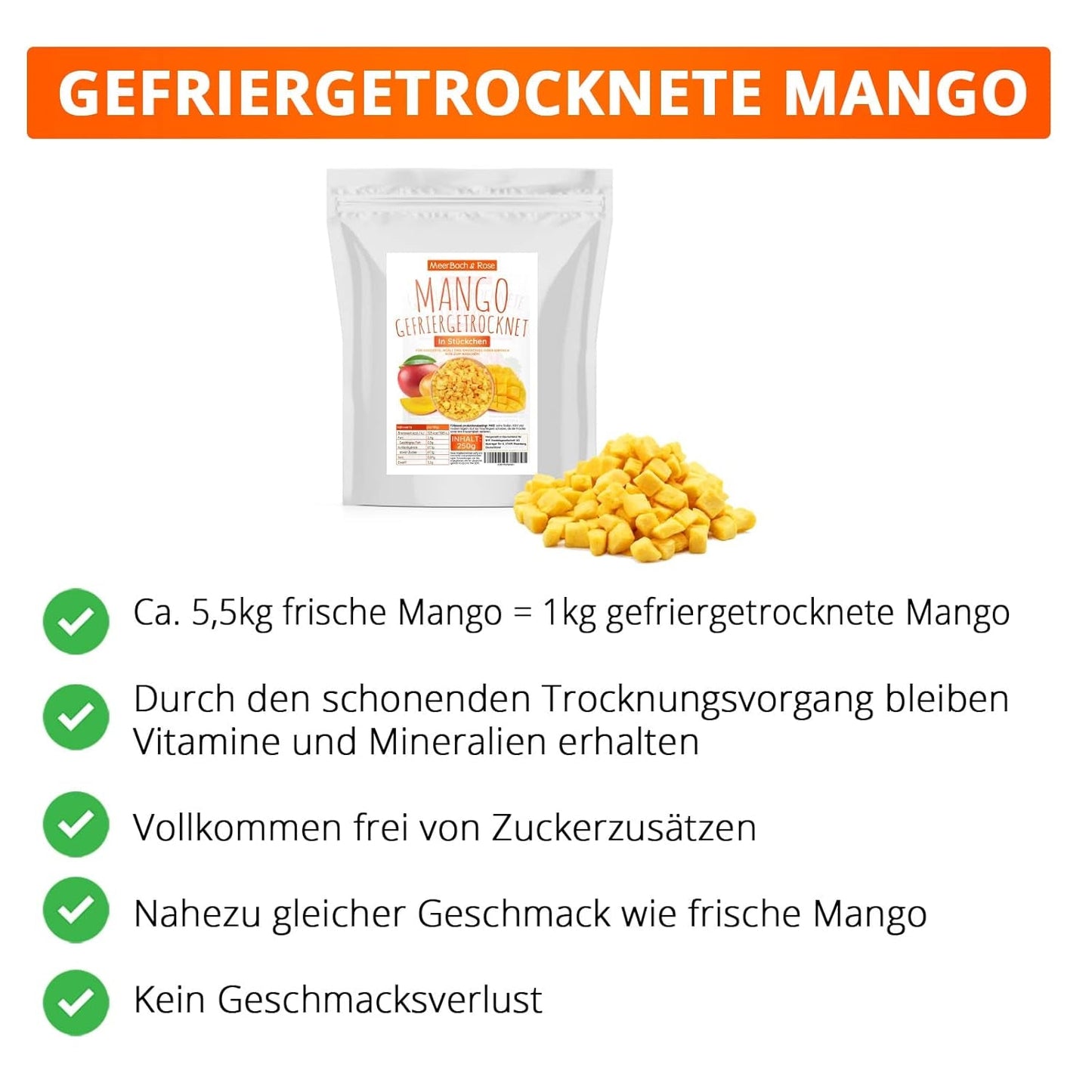 Mango liofilizado, 250g fruta liofilizada, sin añadidos, afrutado, made in Germany Productos deshidratados Naty Shop