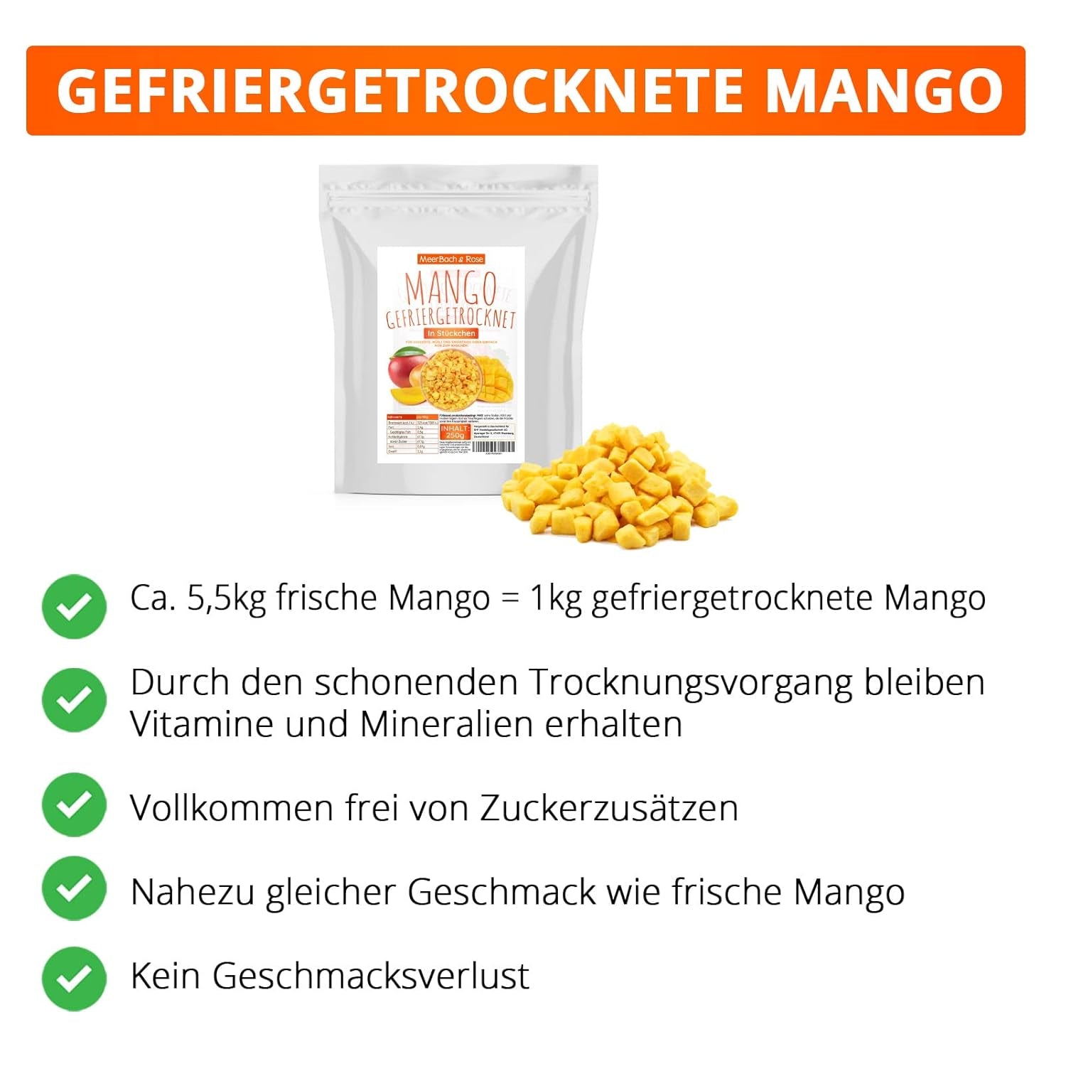 Mango liofilizado, 250g fruta liofilizada, sin añadidos, afrutado, made in Germany Productos deshidratados Naty Shop