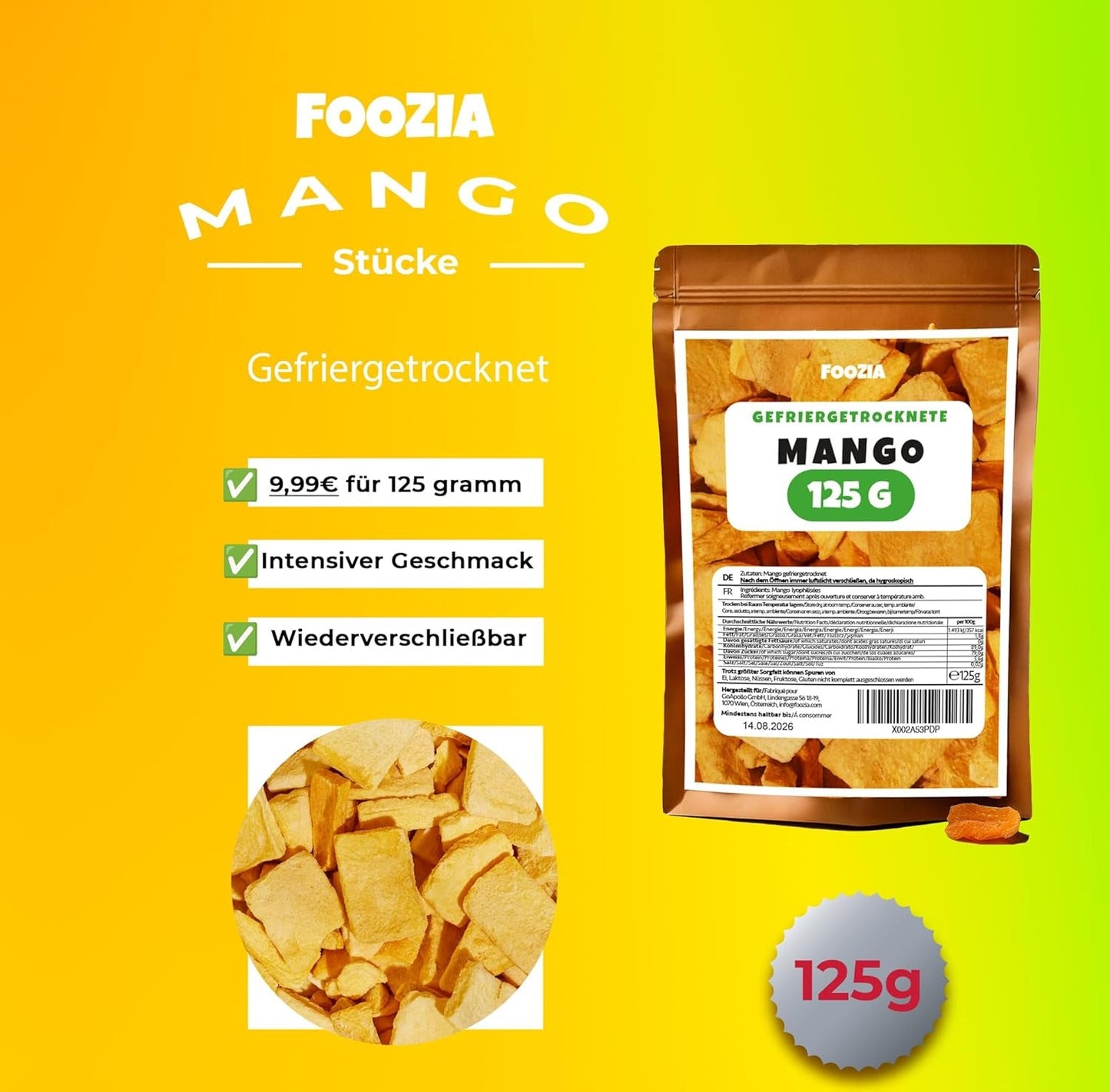 Mango liofilizado trozos grandes Fruta liofilizada Sin aditivos Mango 100% puro natural Mango liofilizado Frutos secos Mango seco 125g de Foozia (125g) Productos deshidratados Naty Shop